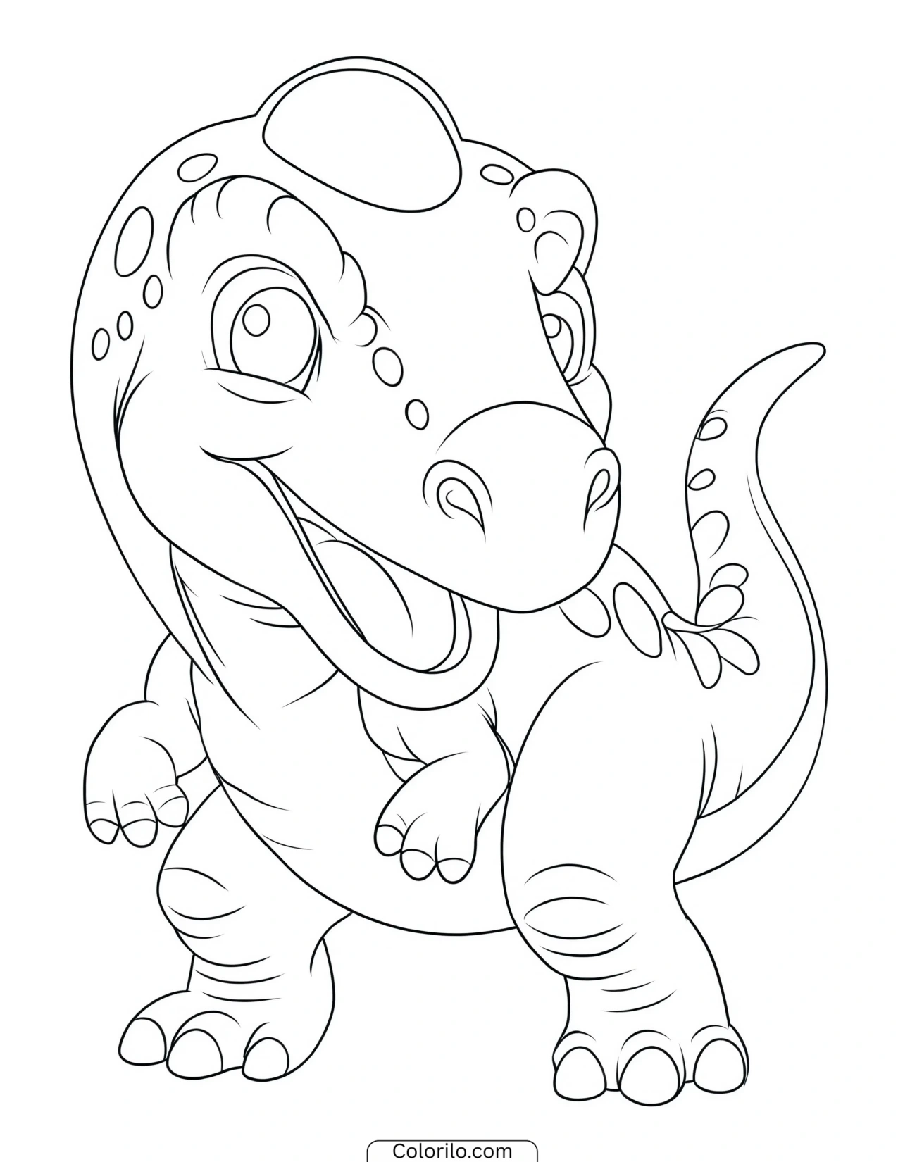 Cheerful baby T. rex smiling coloring page