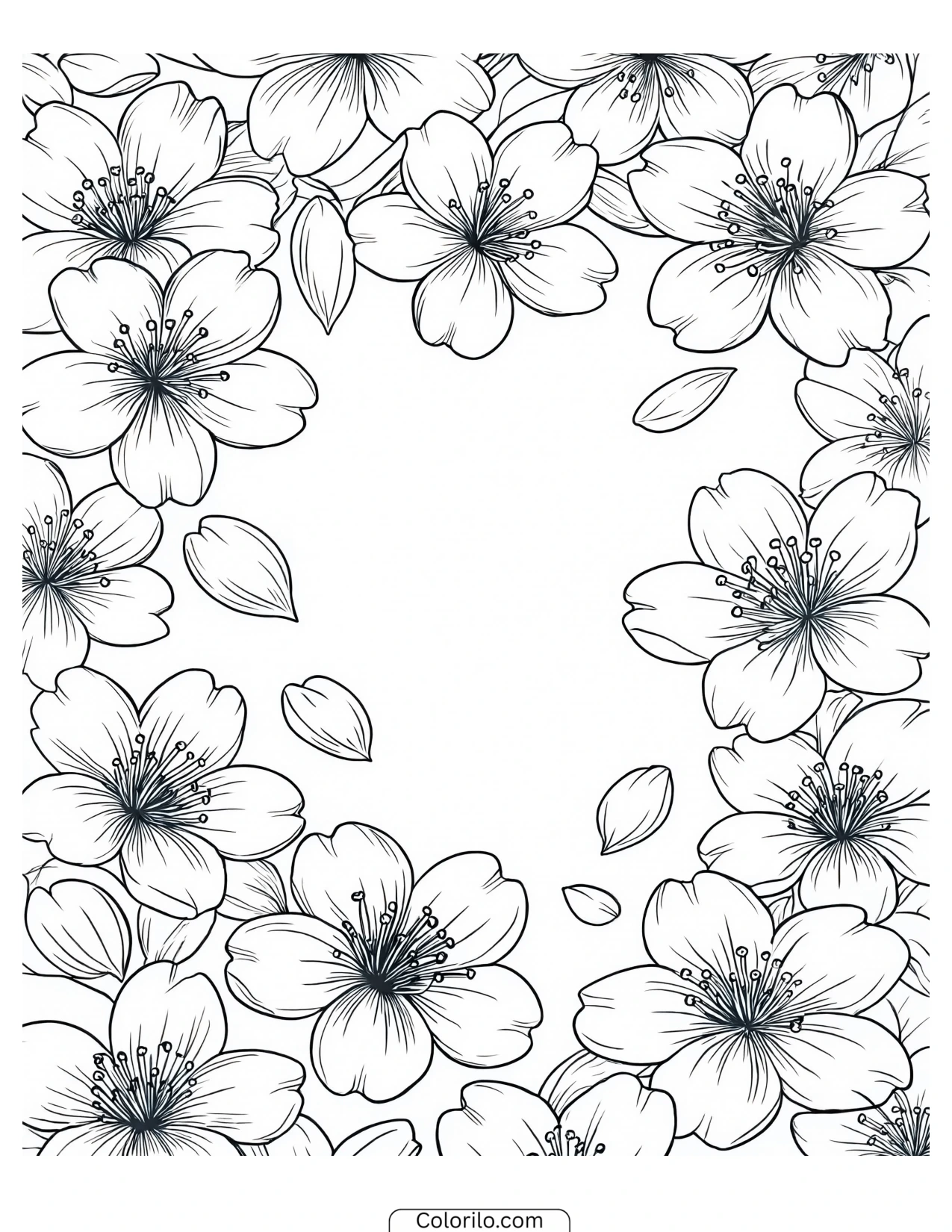 Border of cherry blossom along the page edge coloring page