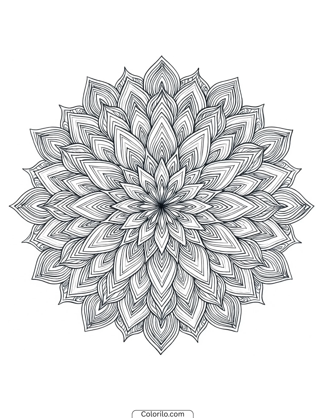 Dahlia mandala built from chevron-patterned petals coloring page
