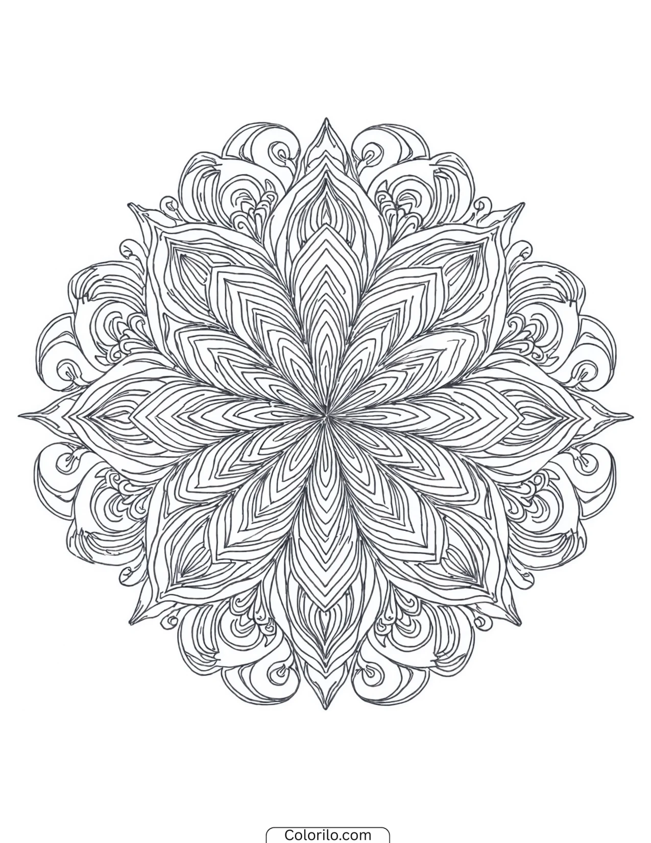 Filigree mandala with fine chevron petals coloring page