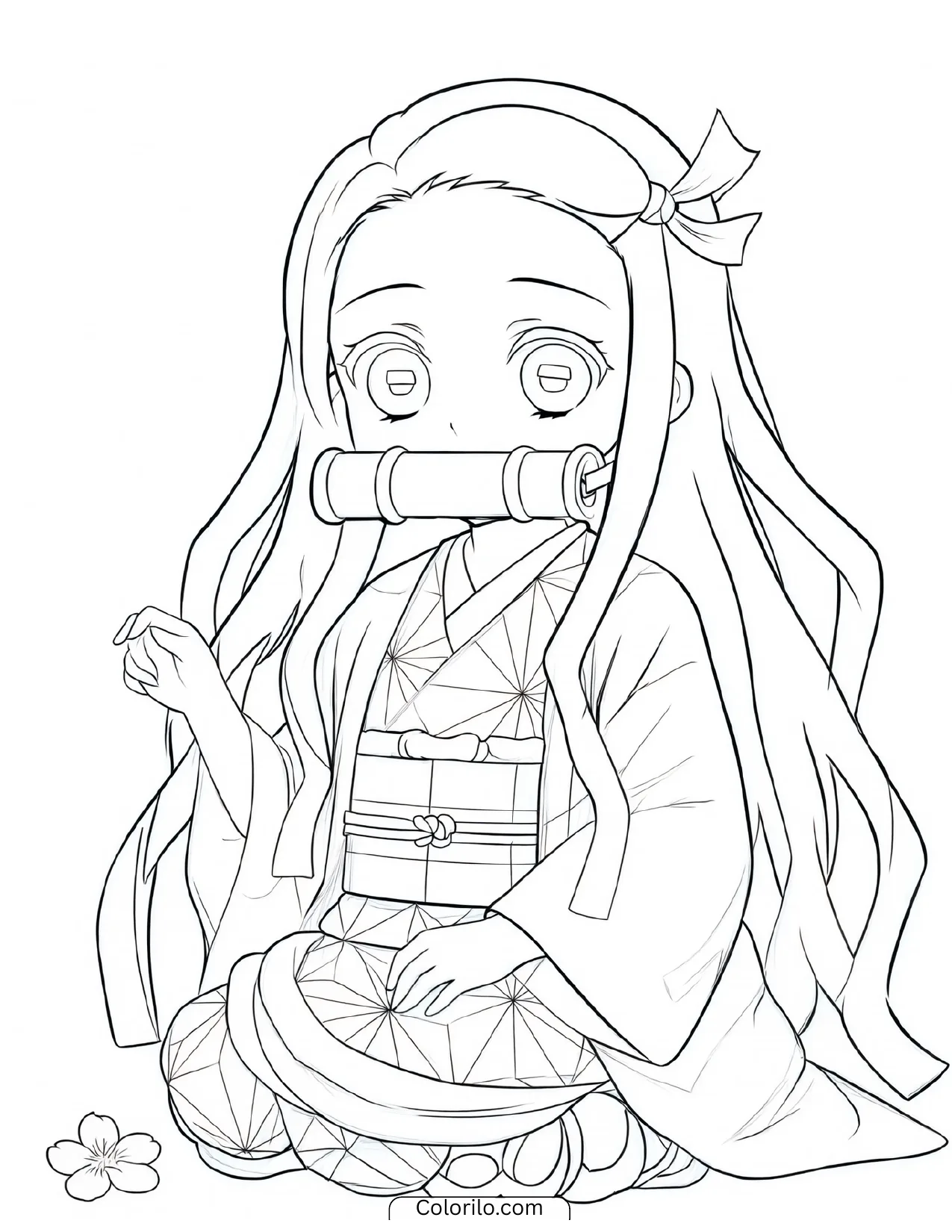 Chibi Nezuko kneeling beside a flower coloring page