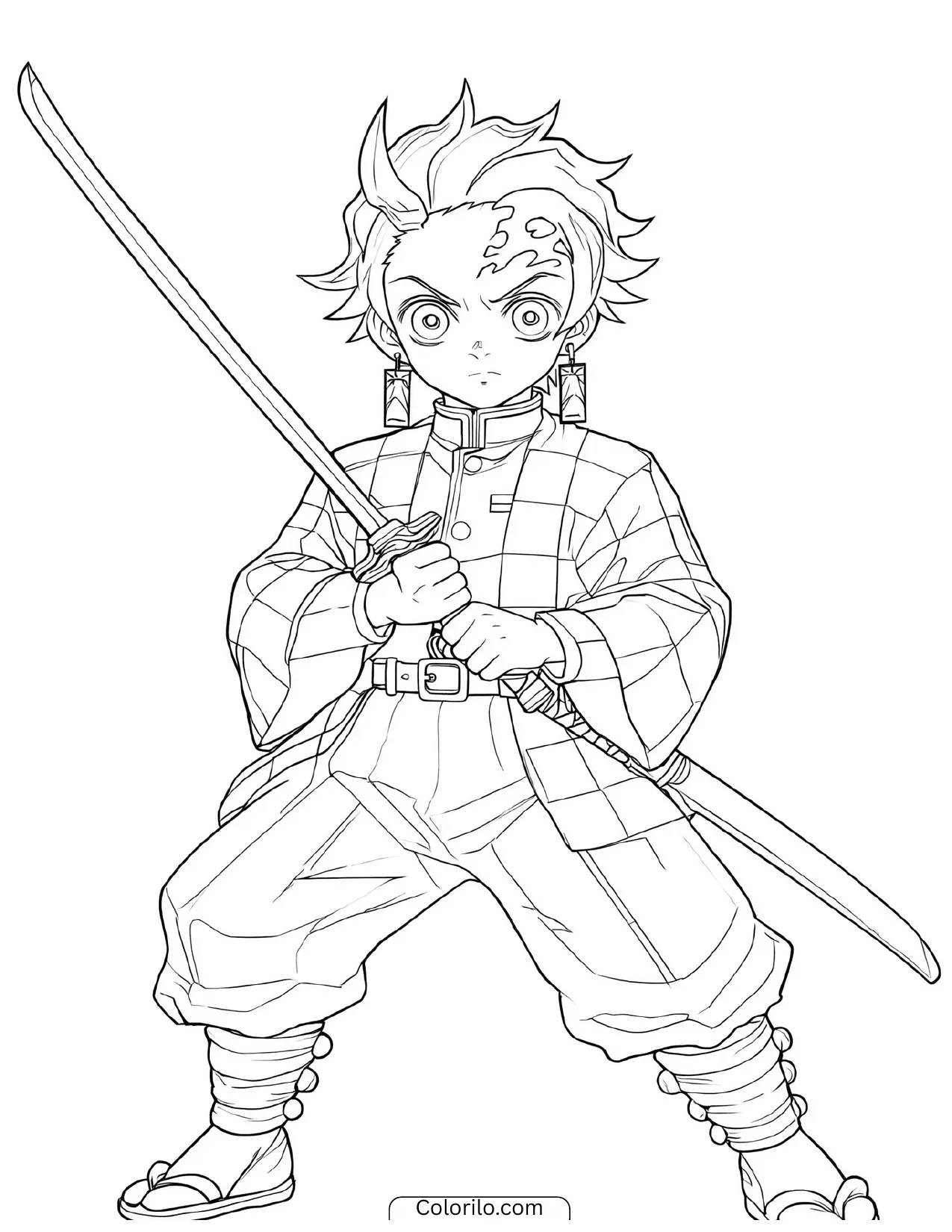 Chibi Tanjiro standing in a battle stance coloring page