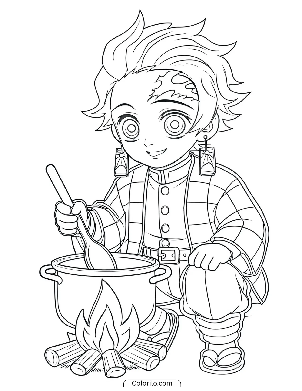 Chibi Tanjiro cooking over a campfire coloring page