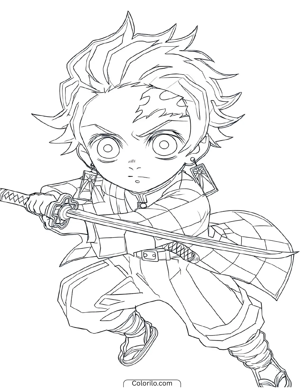 Chibi Tanjiro lunging forward with a strike coloring page