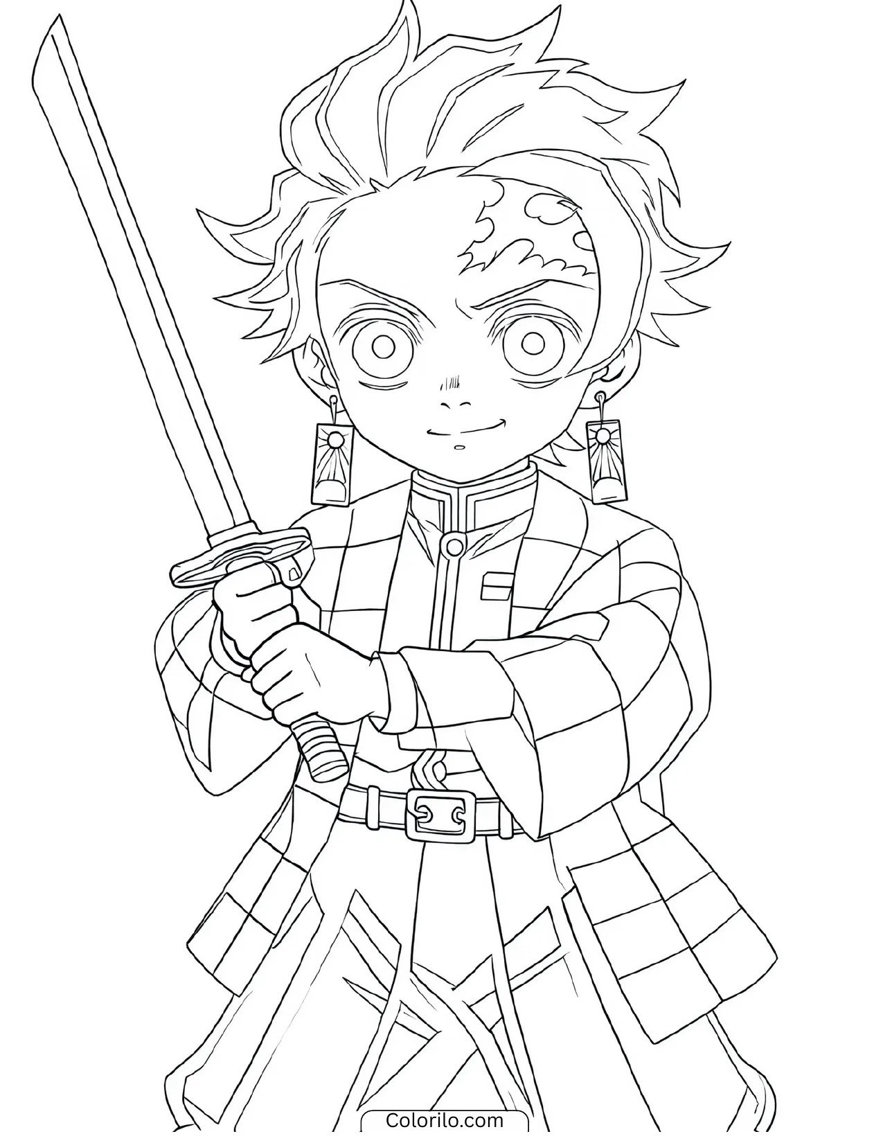 Chibi Tanjiro holding his sword raised high coloring page