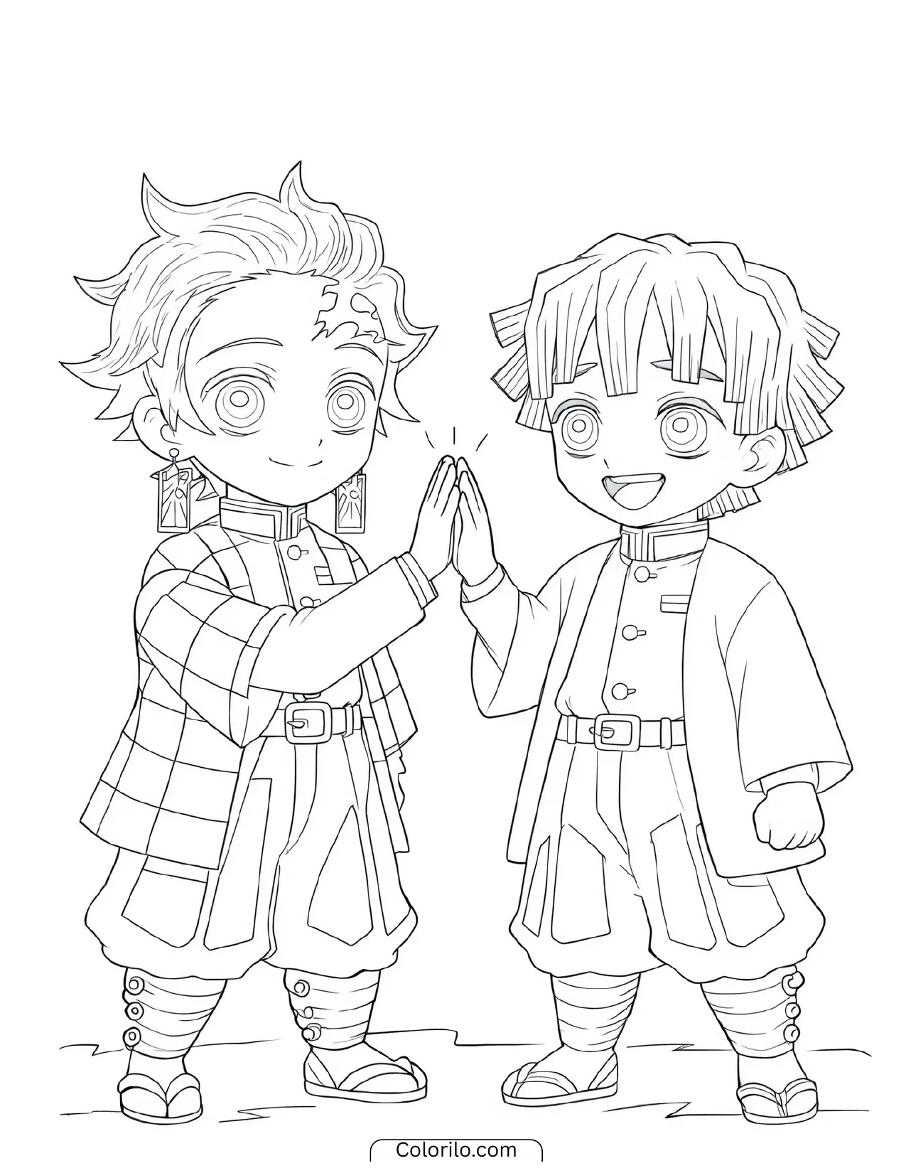 Chibi Tanjiro and Zenitsu sharing a high five coloring page
