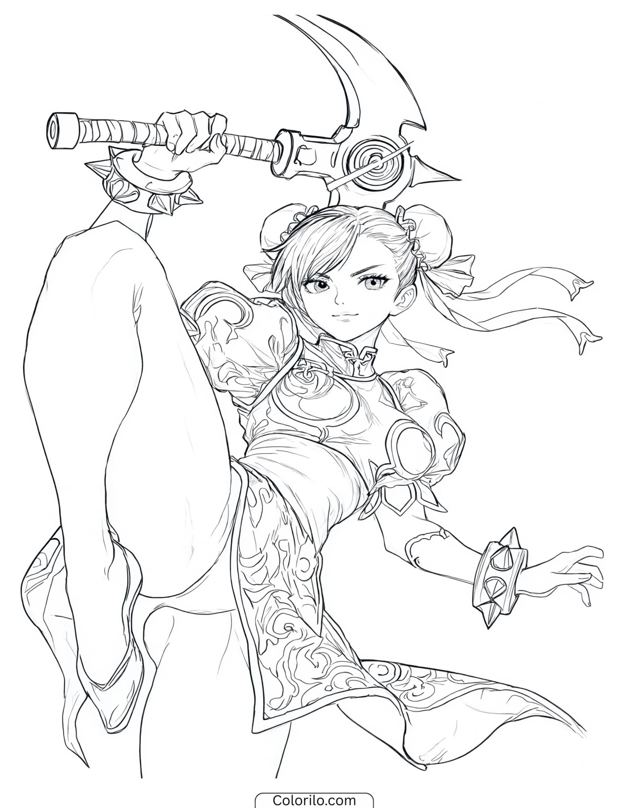 Chun-Li performing a high kick while holding a scythe coloring page
