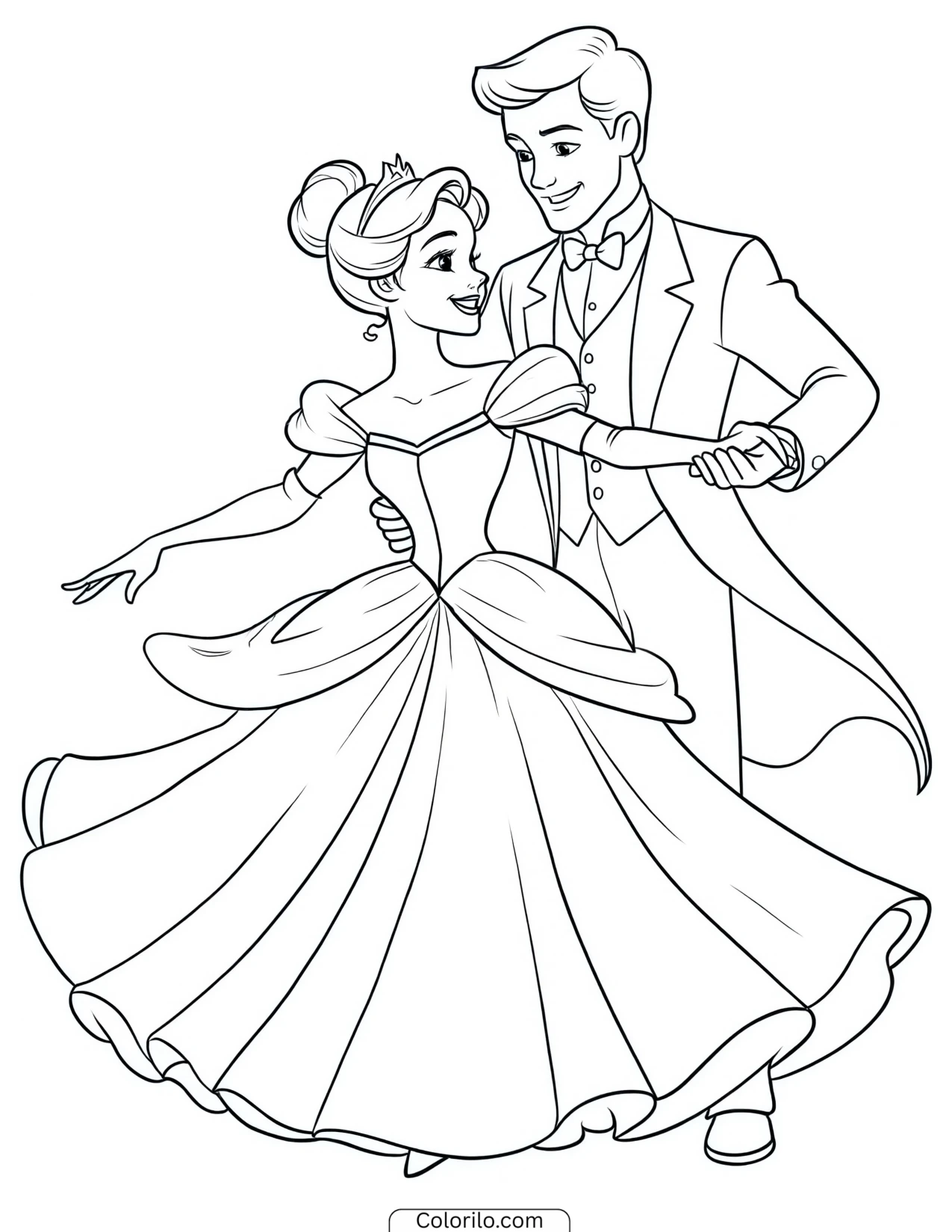 Cinderella and the prince dancing together coloring page