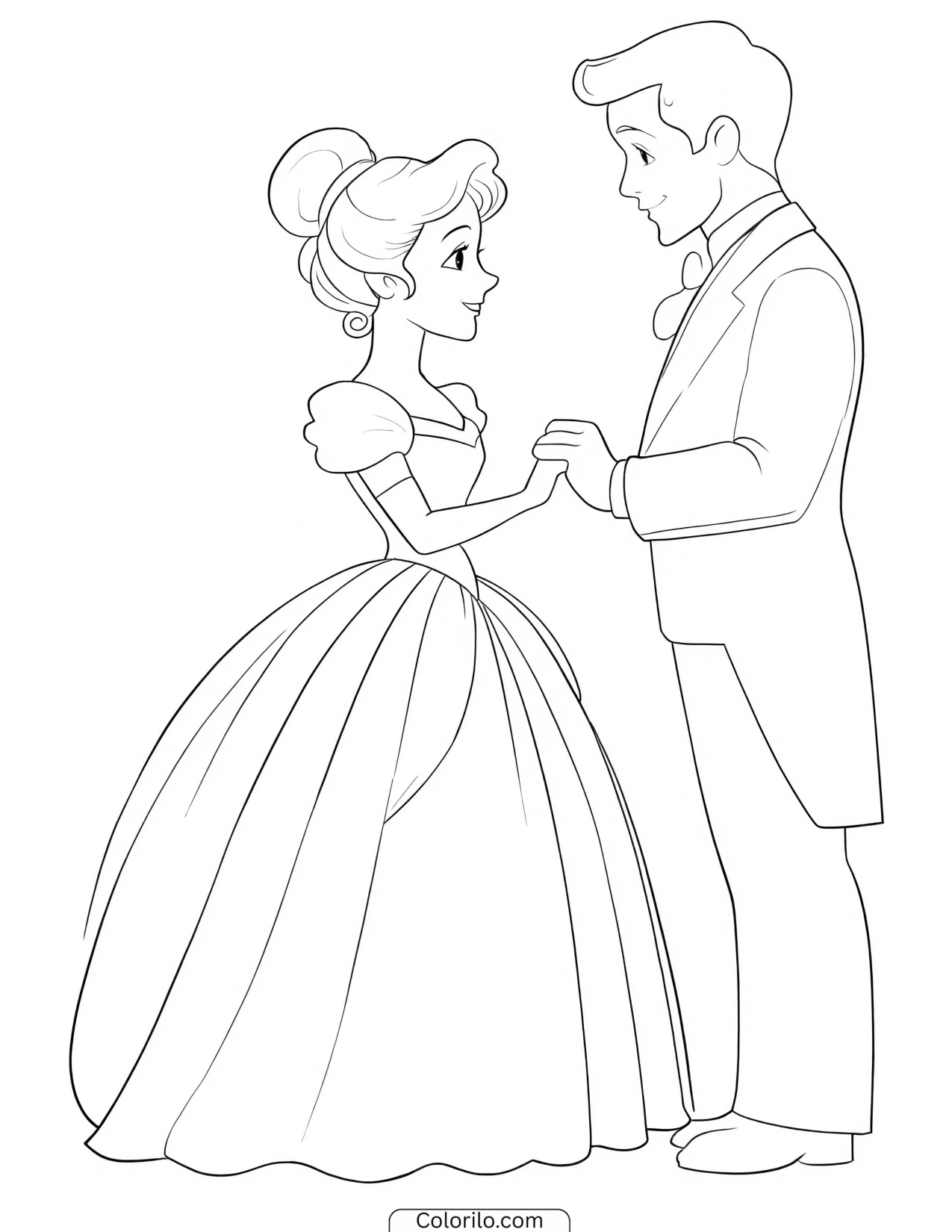 Cinderella and the prince walking hand in hand coloring page