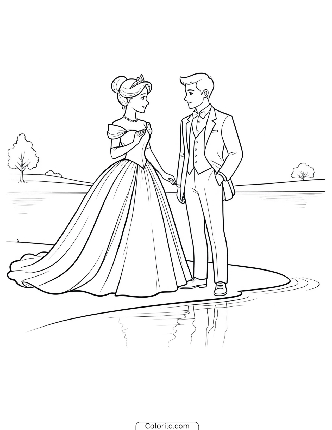 Cinderella and the prince standing side by side coloring page