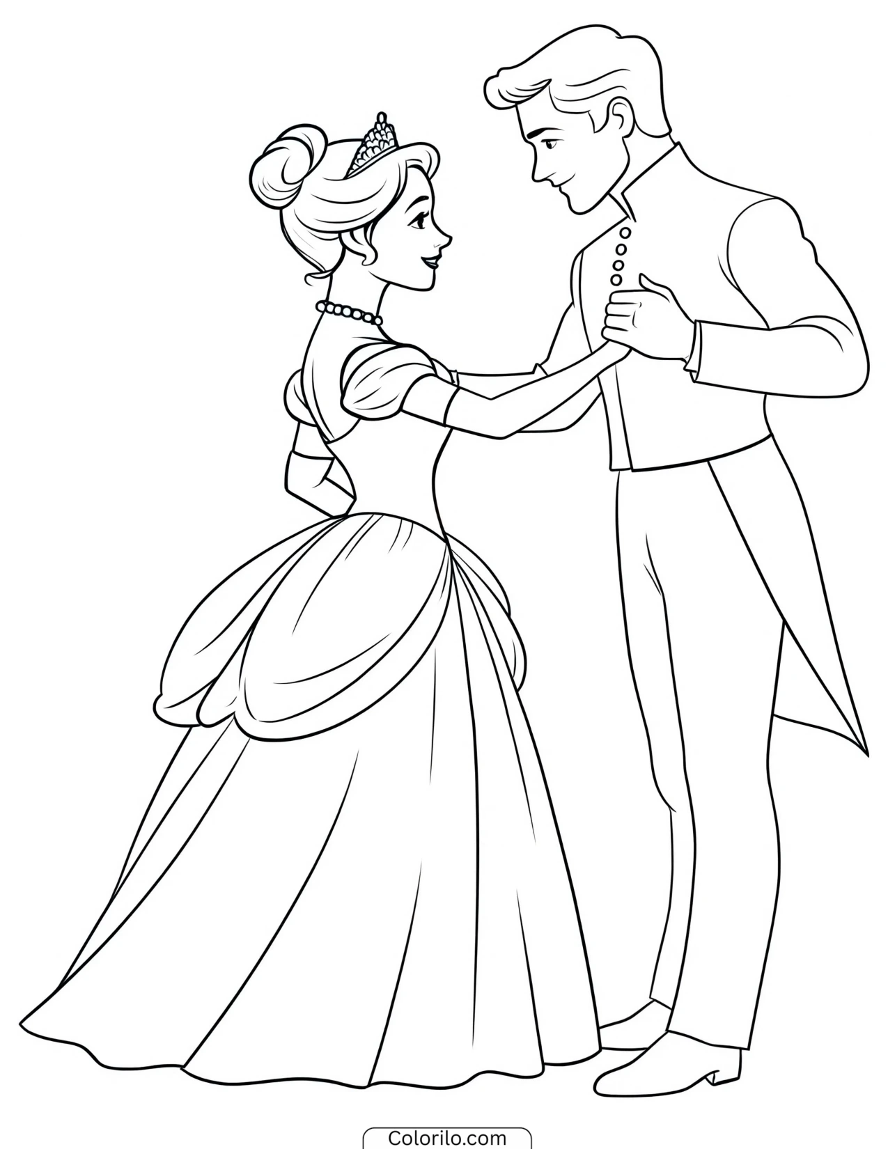 Cinderella and the prince waltzing at the ball coloring page