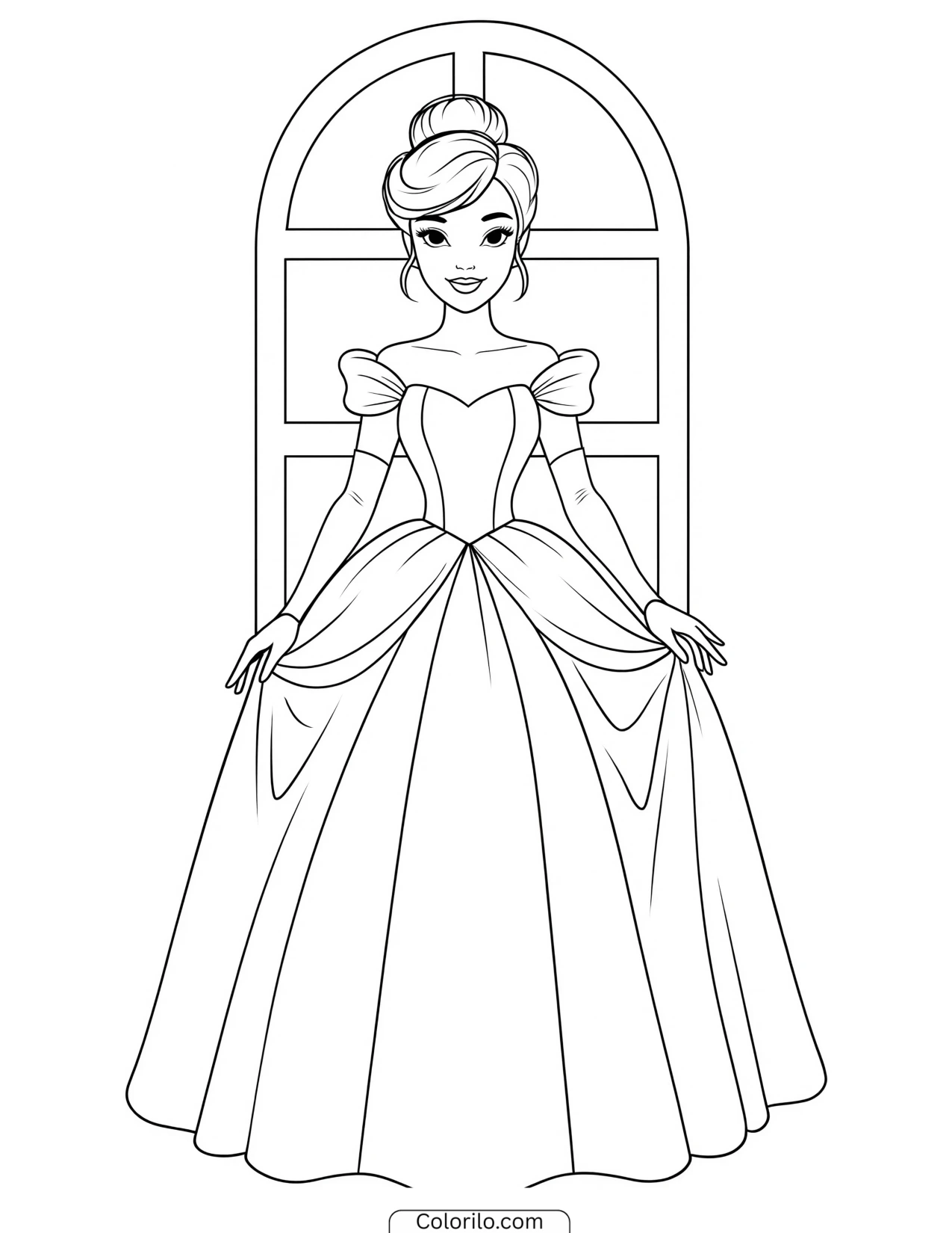 Cinderella holding out her ballgown skirt coloring page