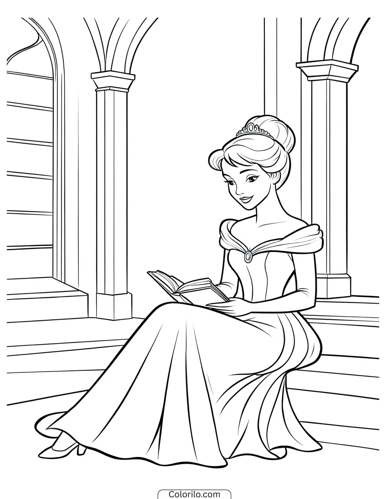 Cinderella reading a book coloring page
