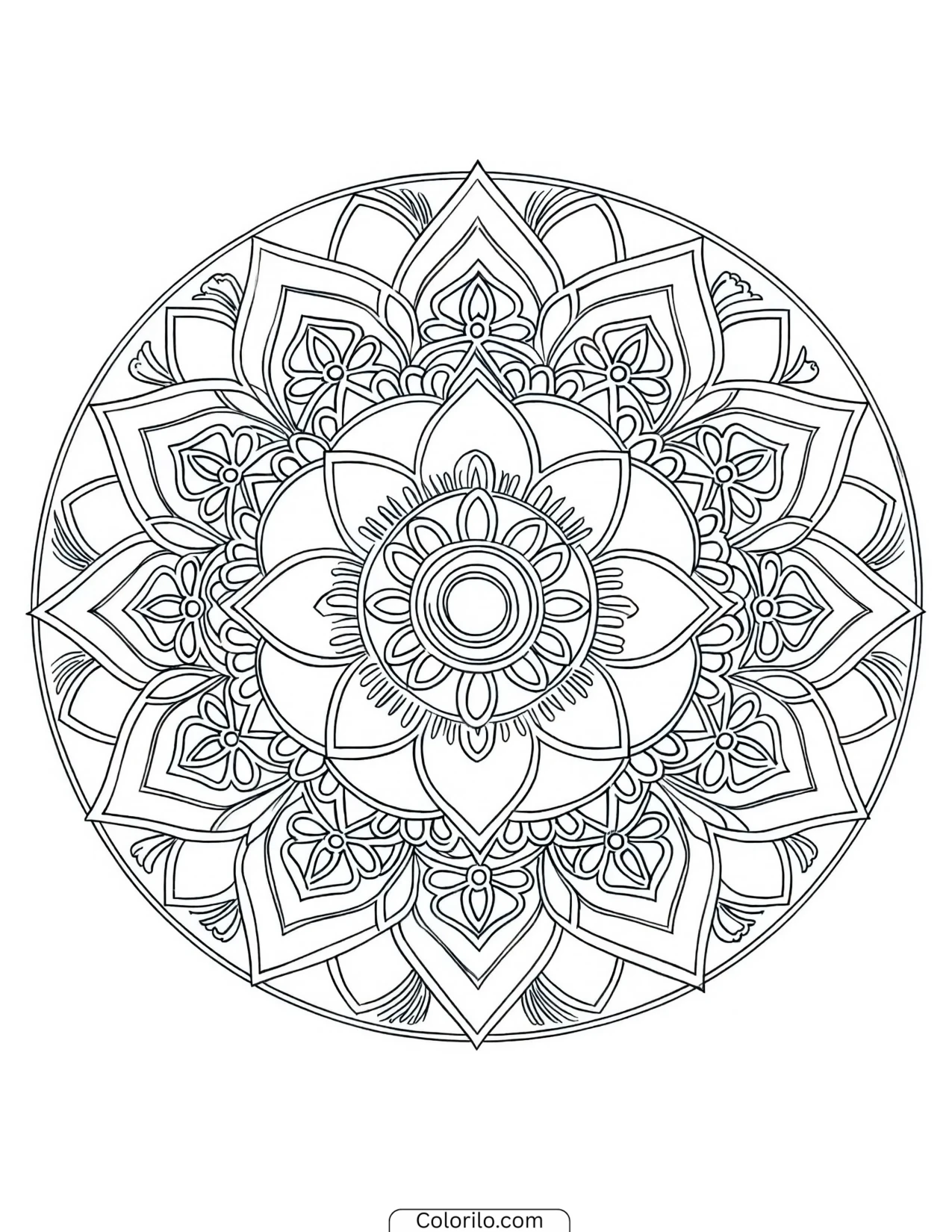Lotus mandala set inside a circular frame coloring page