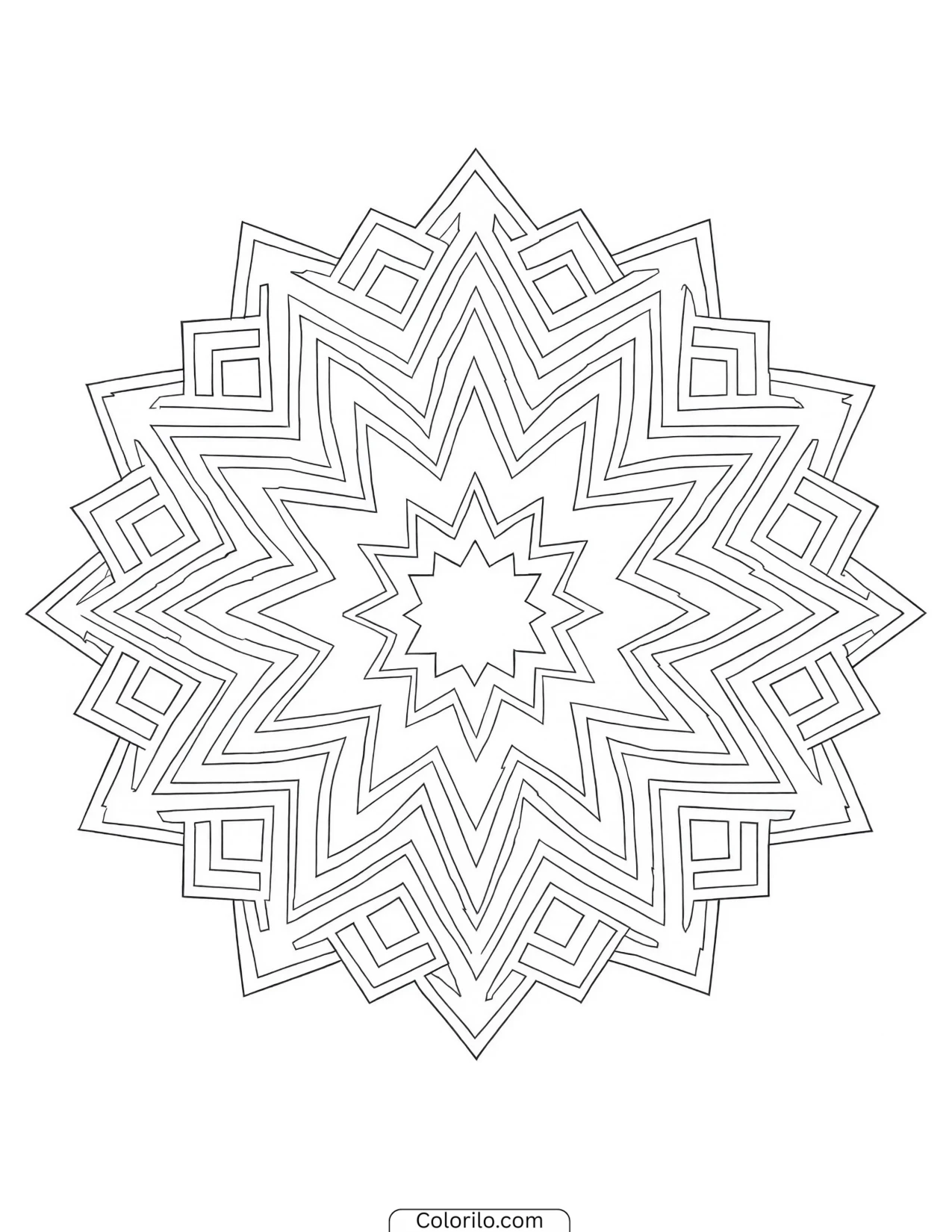 Star mandala with concentric zigzag rings coloring page