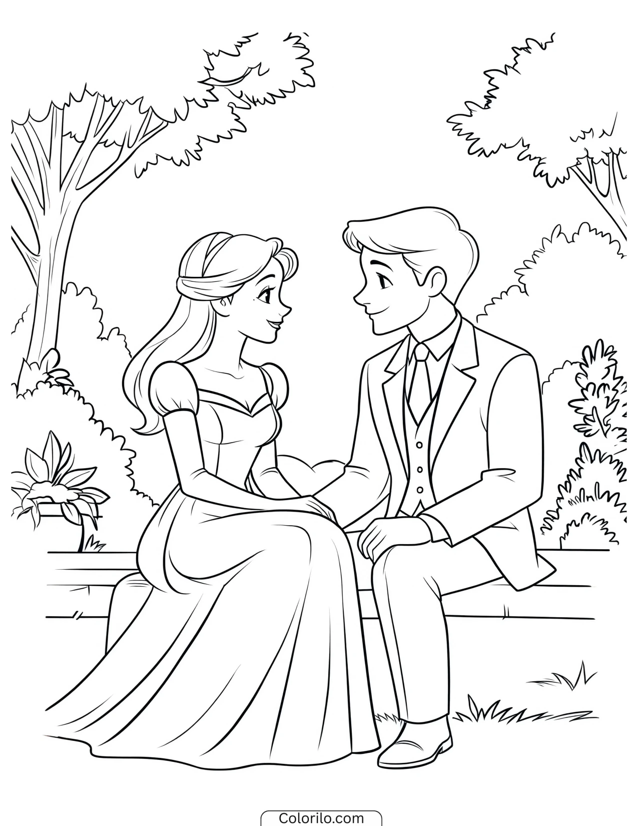 A couple sitting together on a bench coloring page