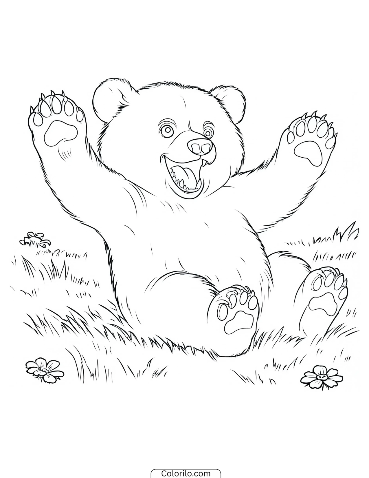 Bear cub cheering among wildflowers coloring page