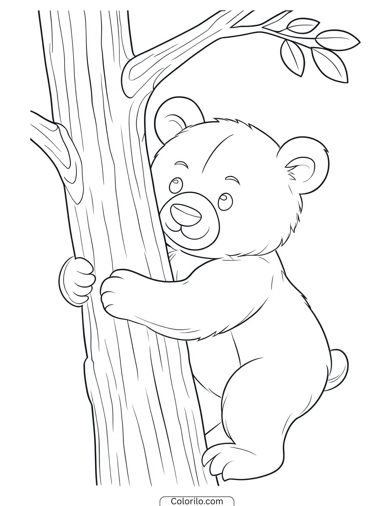 Bear cub clinging to a tree trunk coloring page