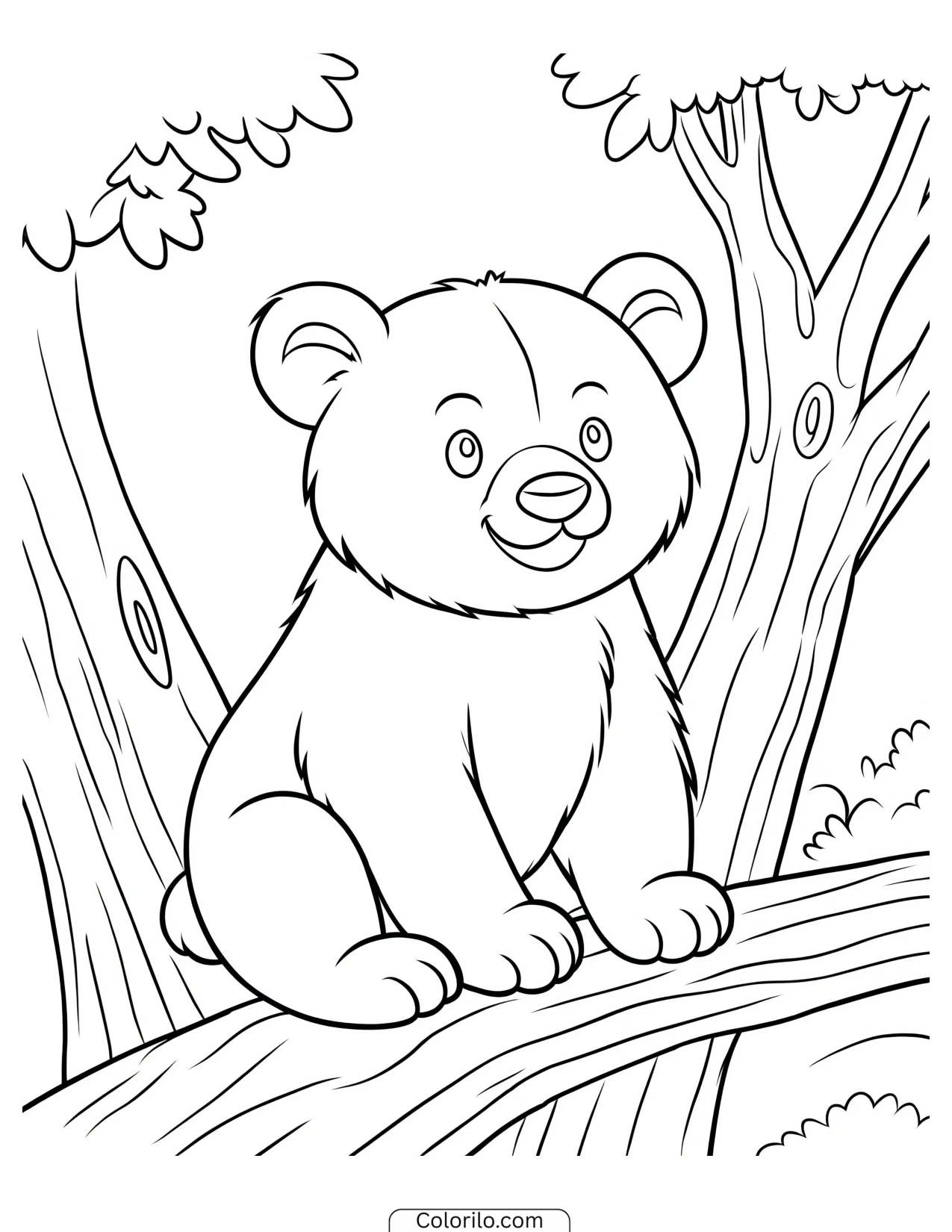 Bear cub sitting up on a branch coloring page