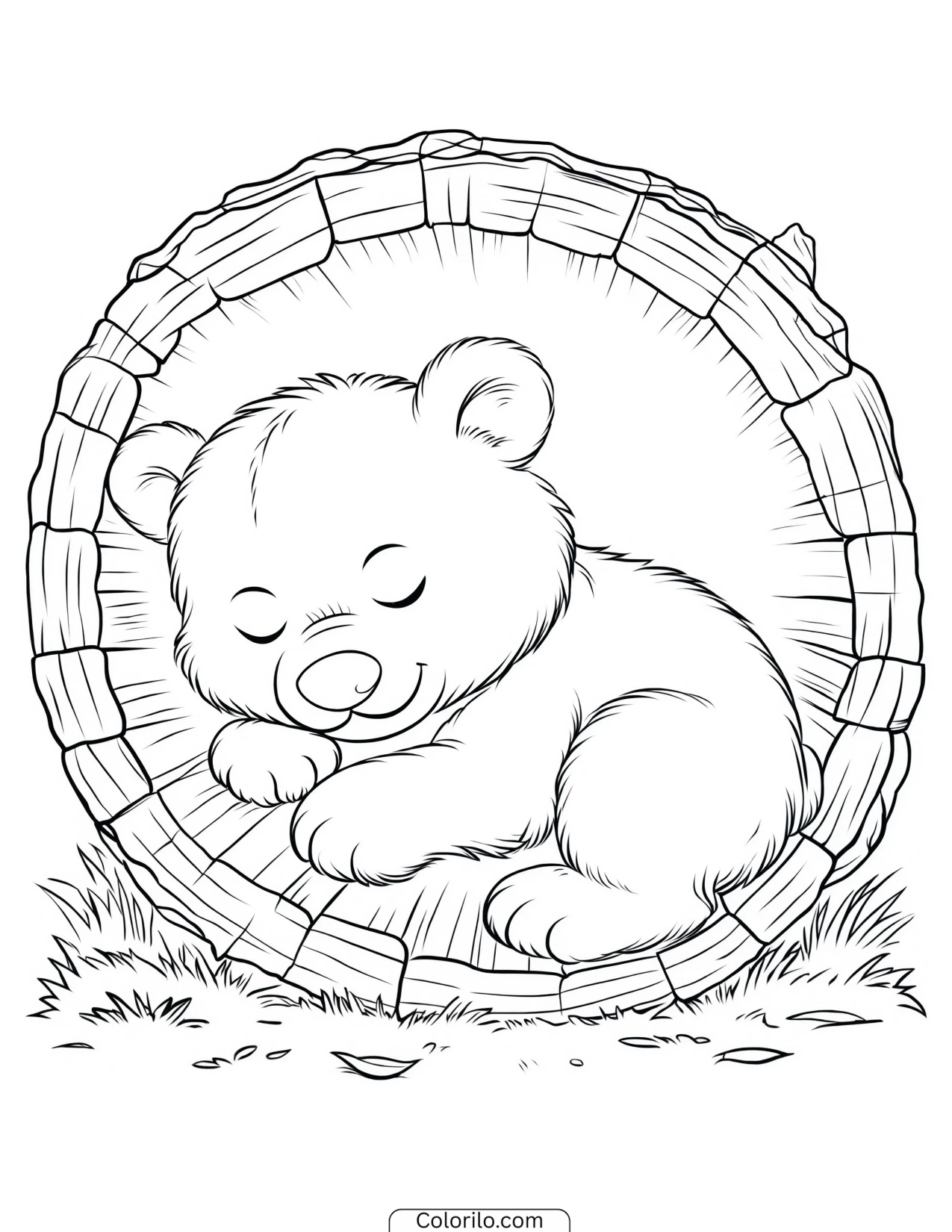 Bear cub curled up asleep inside a hollow log coloring page