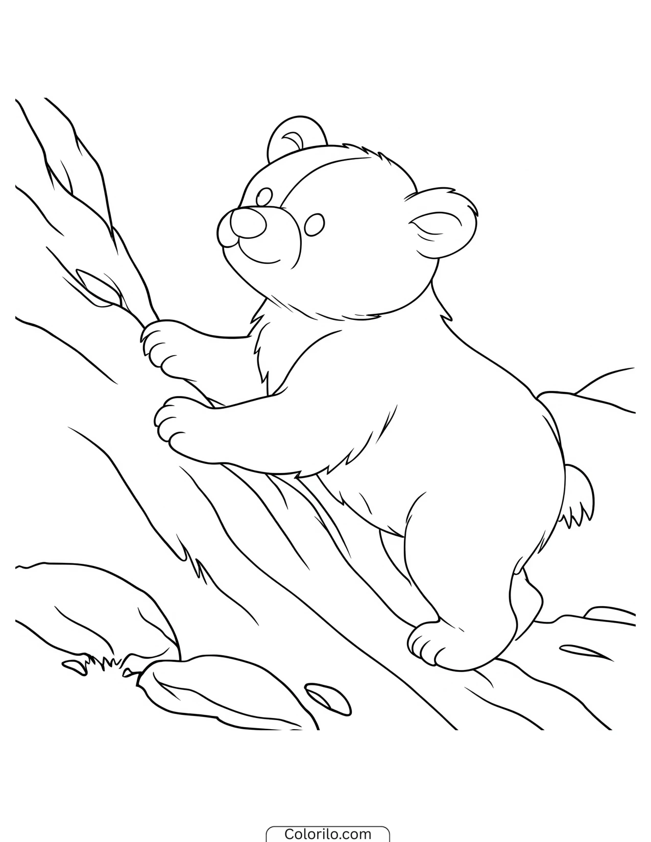 Curious bear cub scaling a tree trunk coloring page