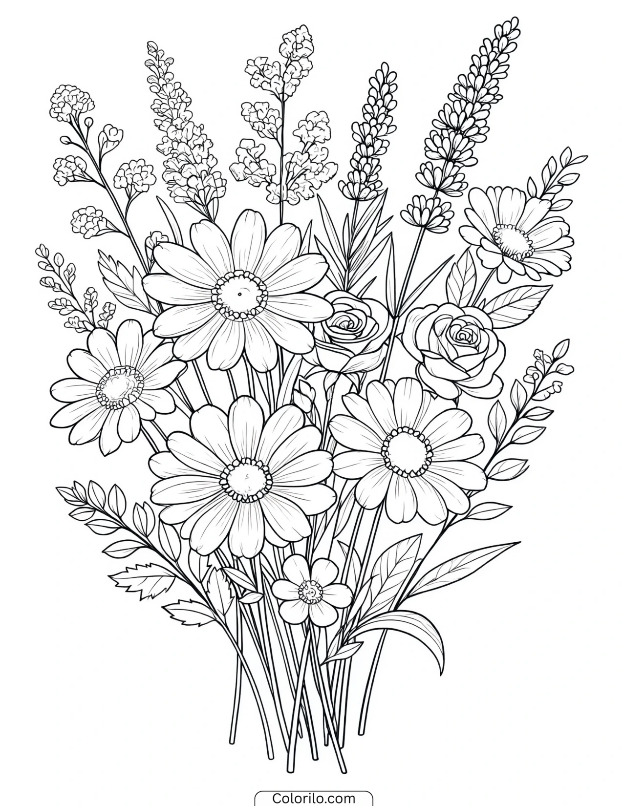 Bouquet combining daisies and roses coloring page