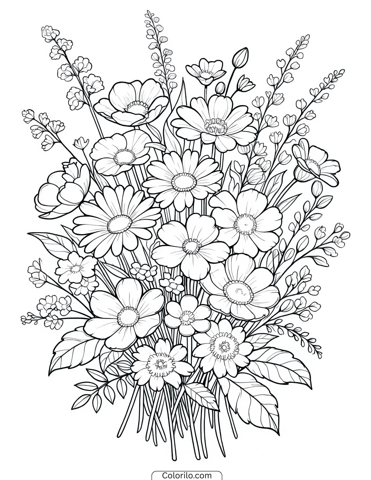 Mixed bouquet built around daisies coloring page