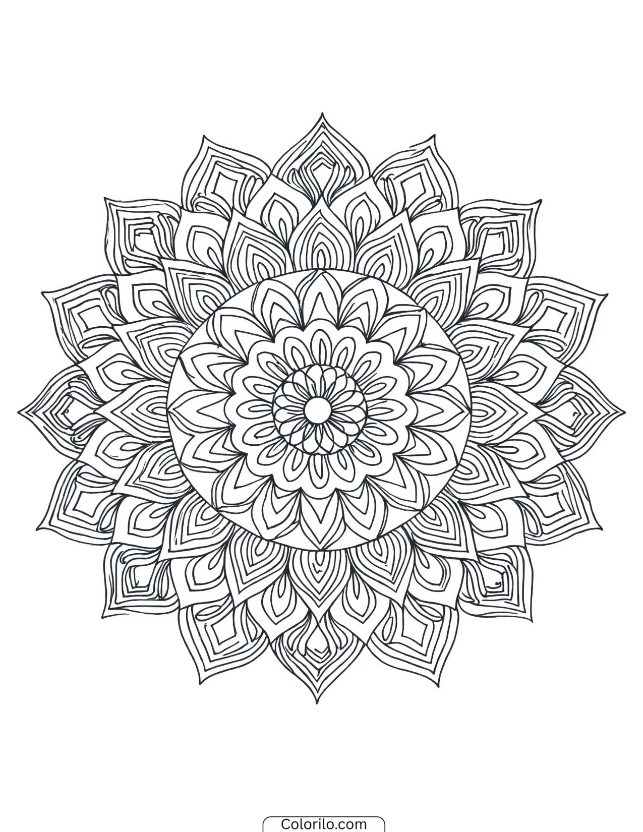 Densely layered daisy mandala coloring page