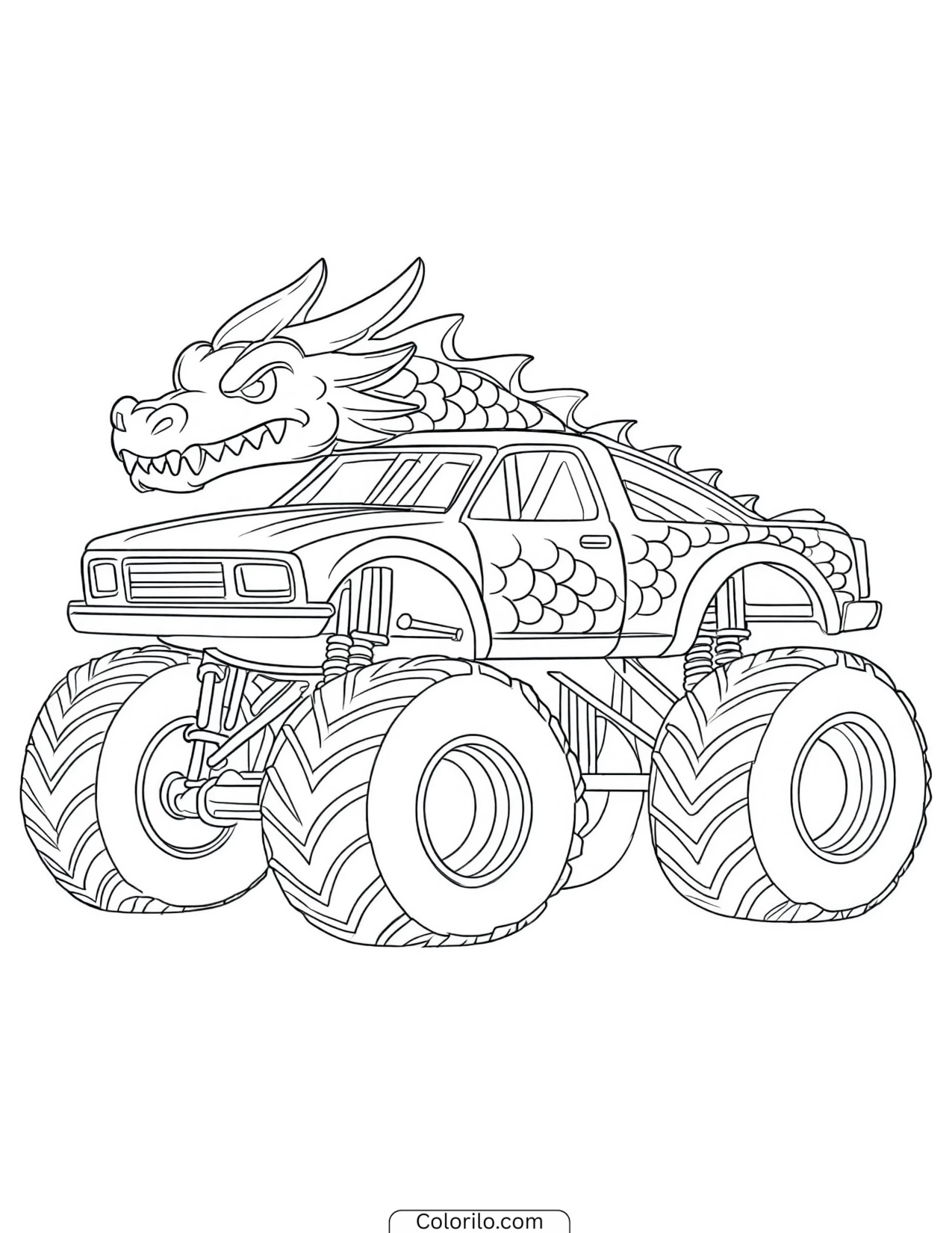 Monster truck styled with a dragon's head coloring page