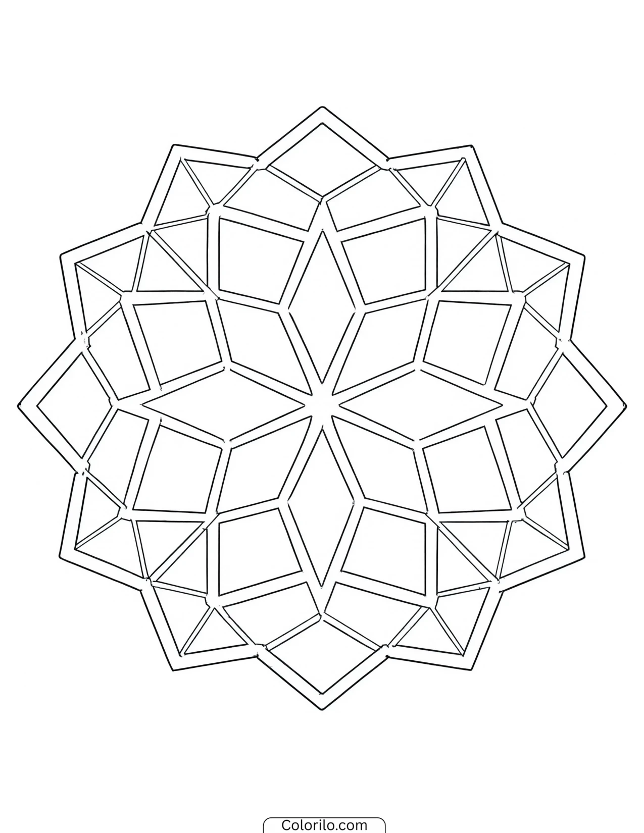 Eight-point snowflake built from diamond shapes coloring page