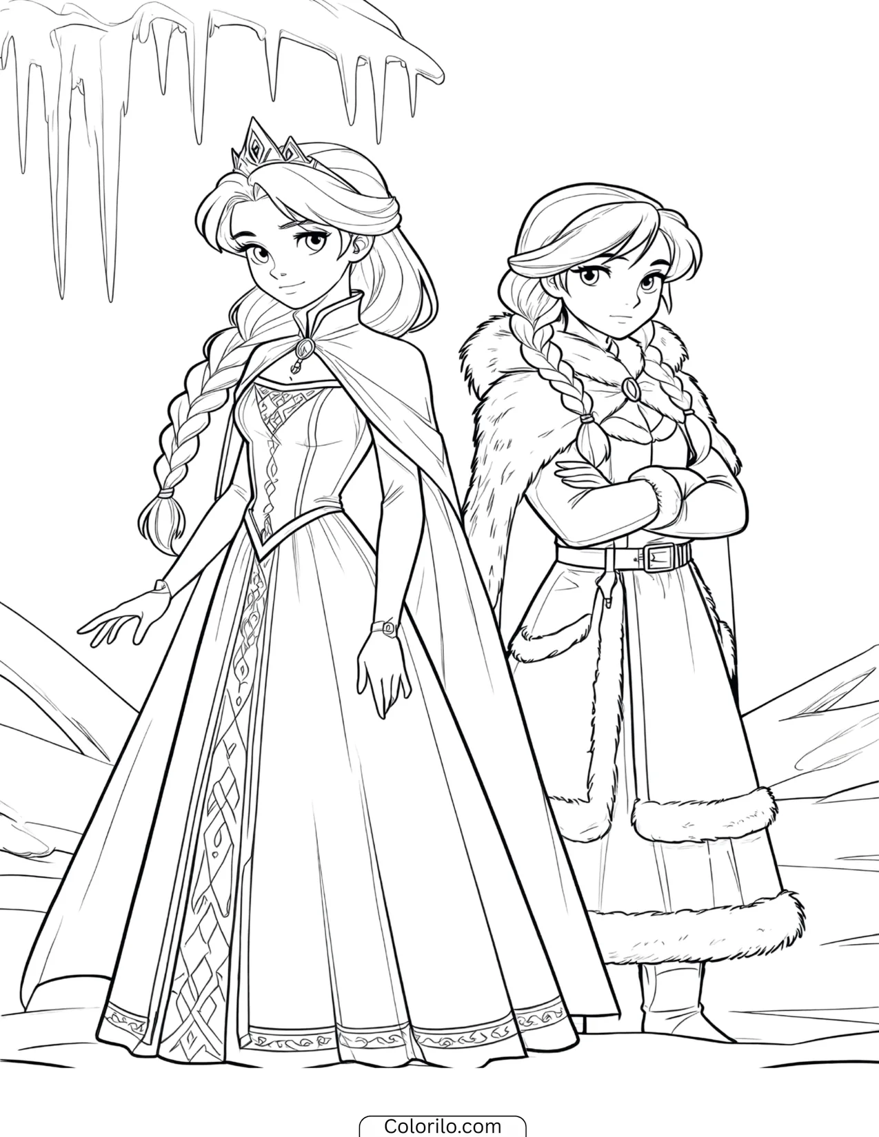 Elsa and Anna standing together inside an icy cave coloring page