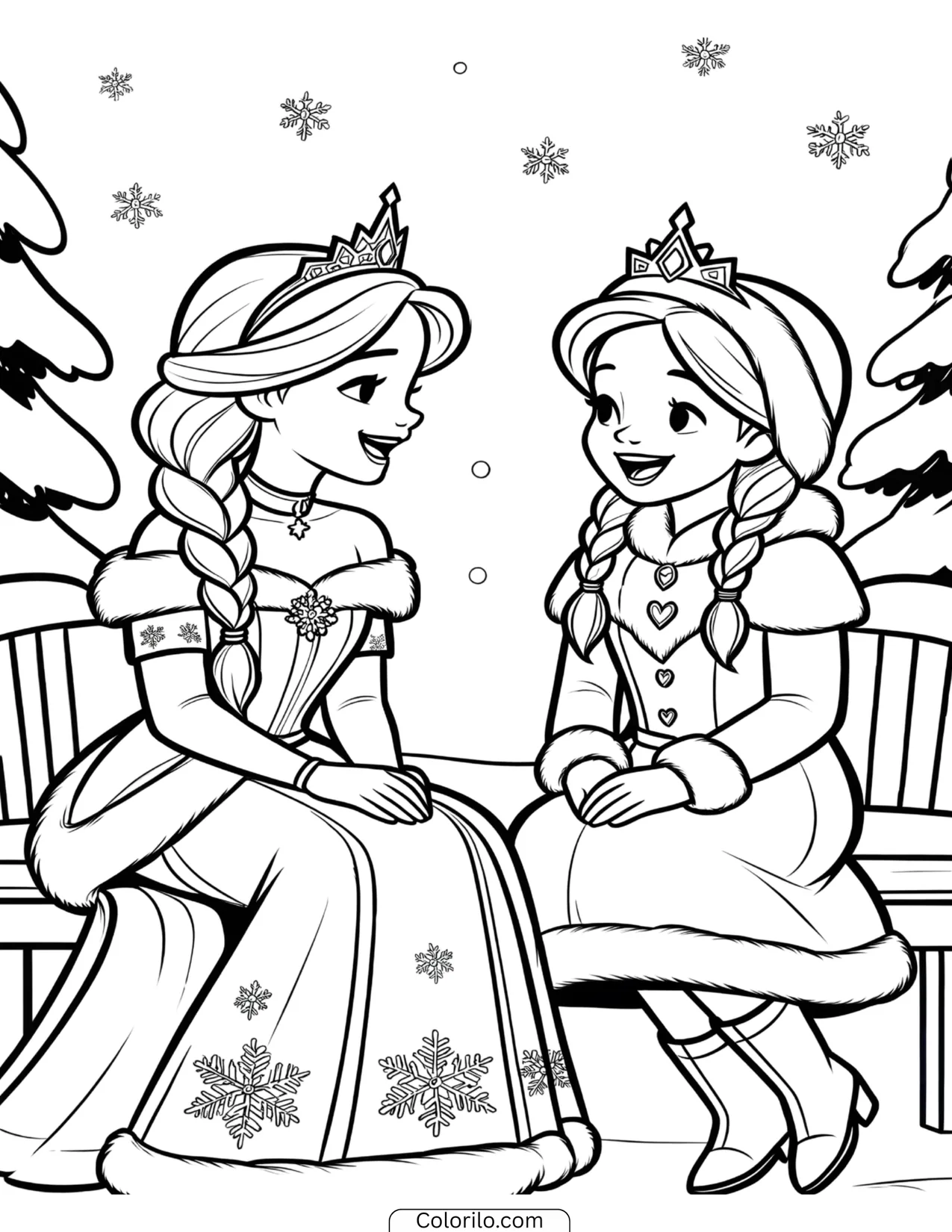 Elsa and Anna sitting together on a bench chatting in the snow coloring page