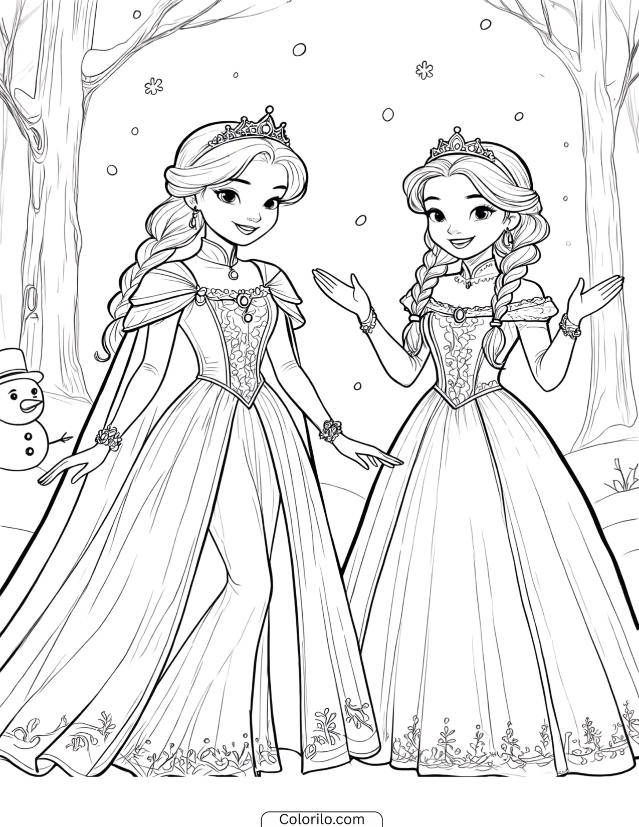 Elsa and Anna together in a snowy forest with a little snowman coloring page