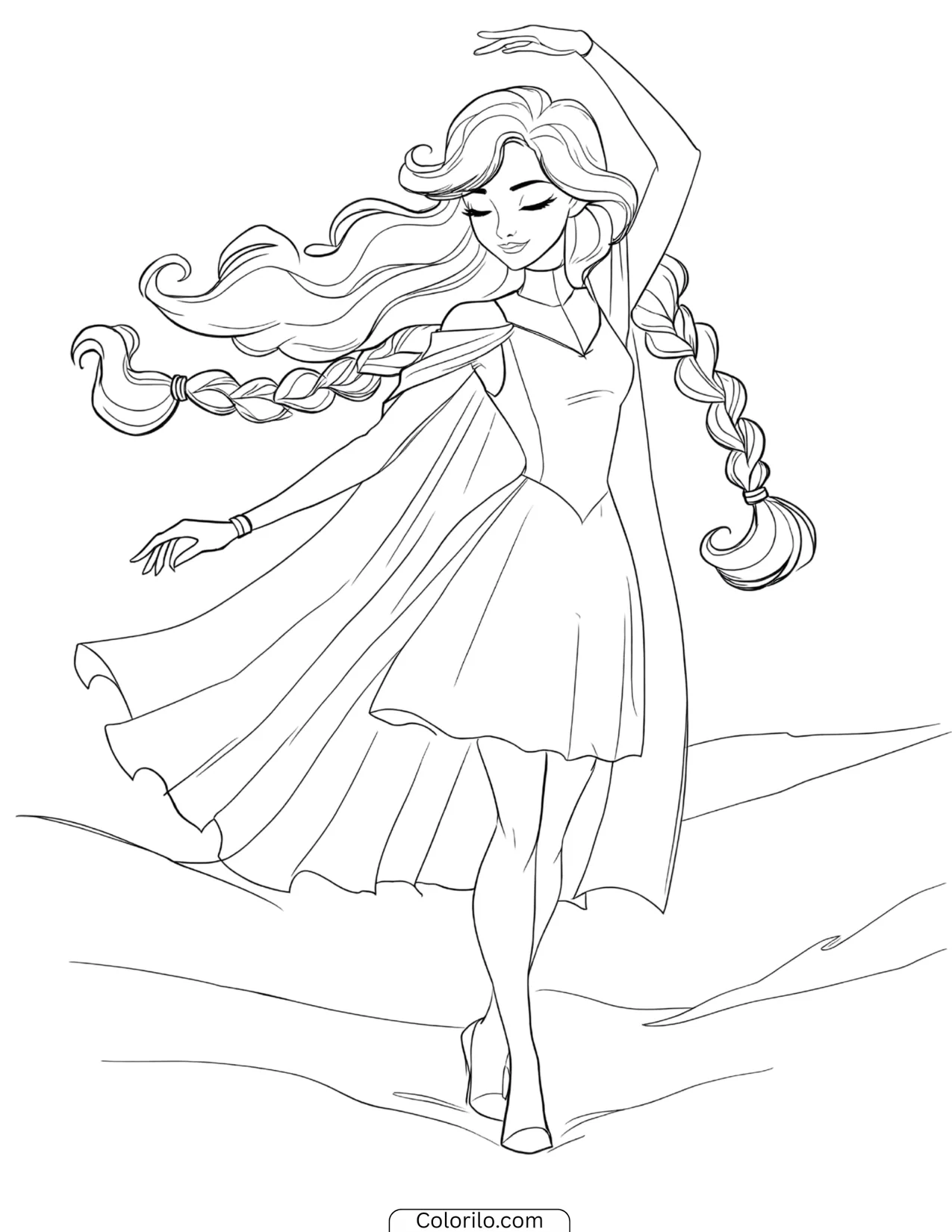 Elsa dancing gracefully with her braid swaying coloring page