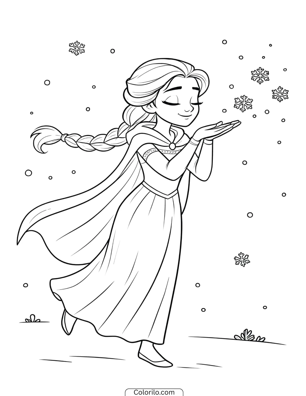 Elsa blowing magical snowflakes from her hands coloring page