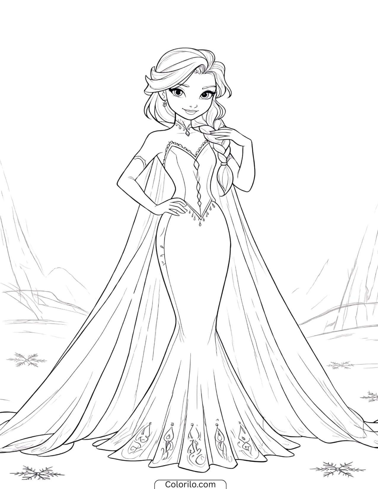 Elsa in a flowing gown standing before snowy mountains coloring page