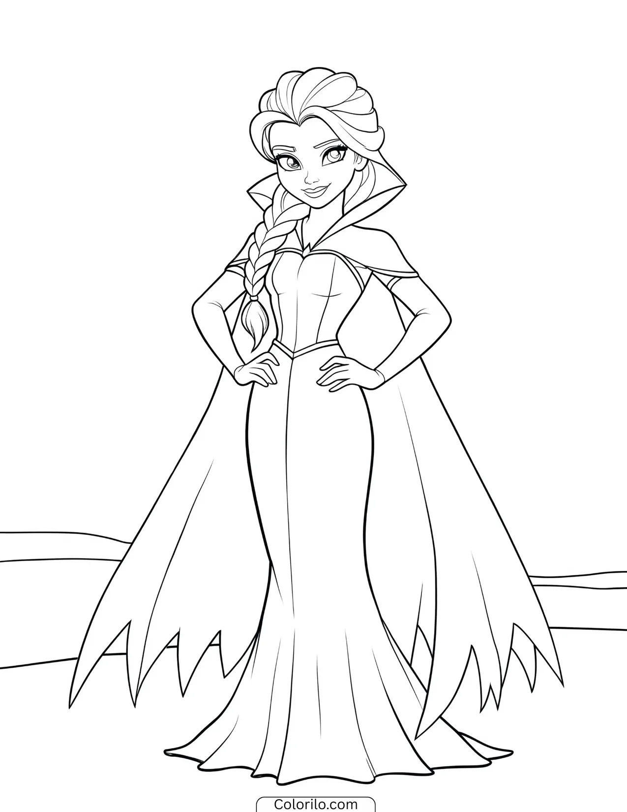 Elsa standing confidently in a fitted gown with cape coloring page