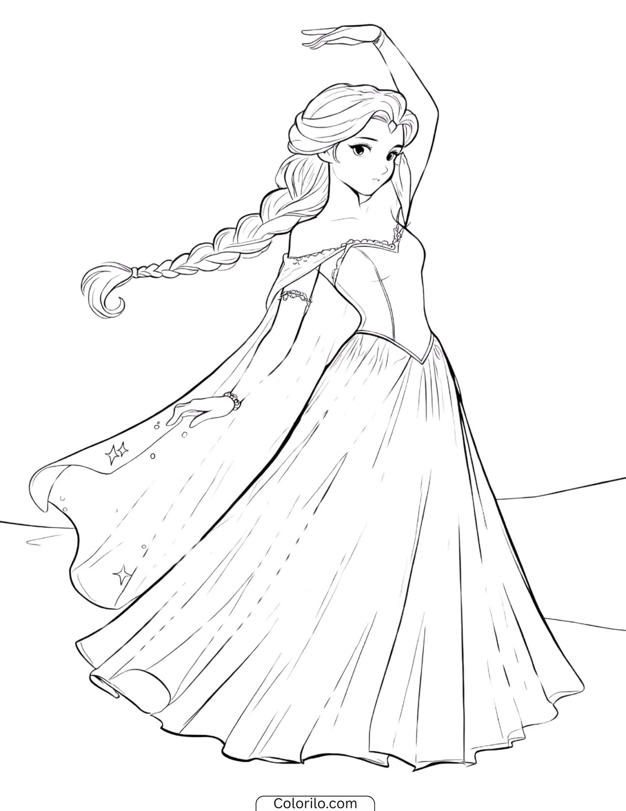 Elsa dancing in a flowing gown with one arm raised coloring page