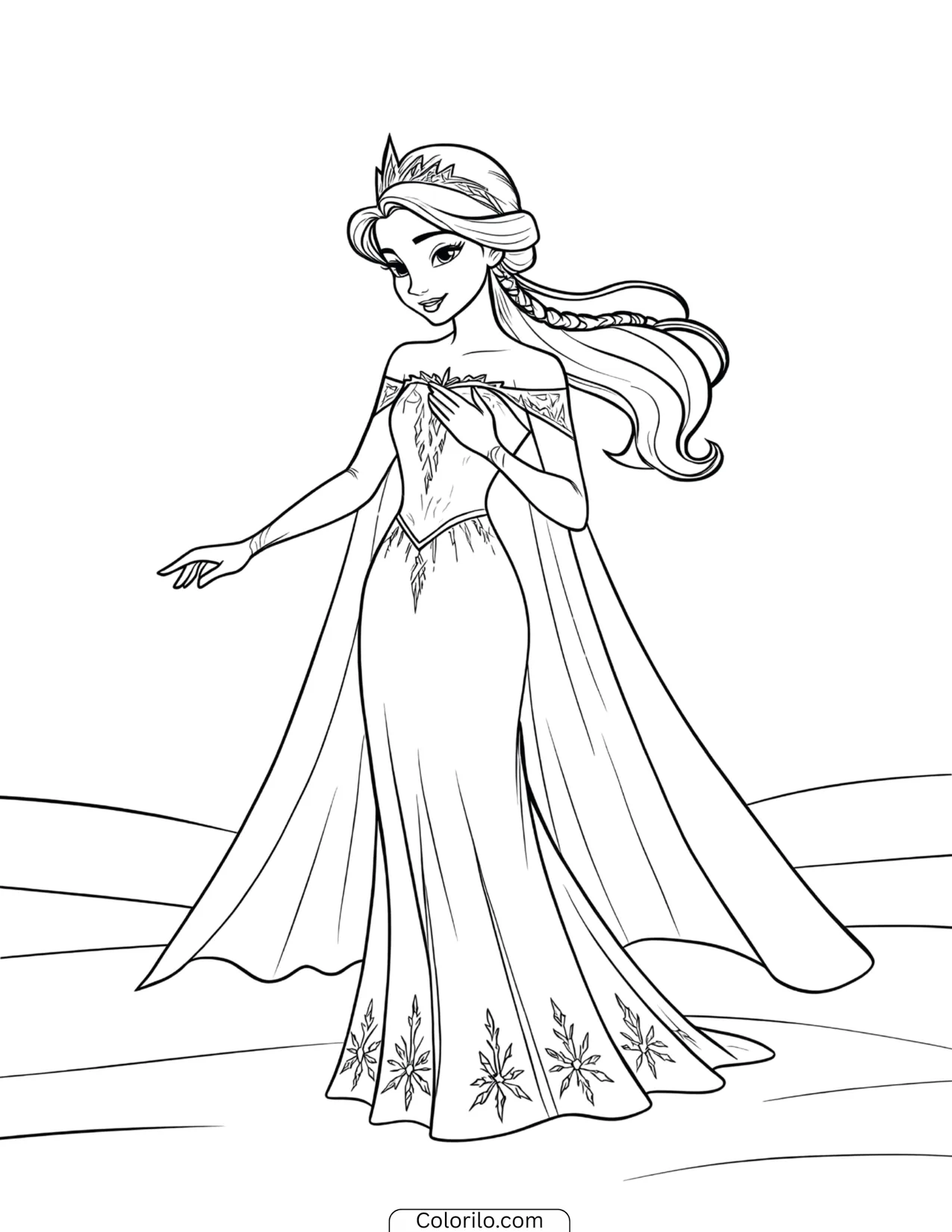 Elsa standing gently with her hand resting on her chest coloring page