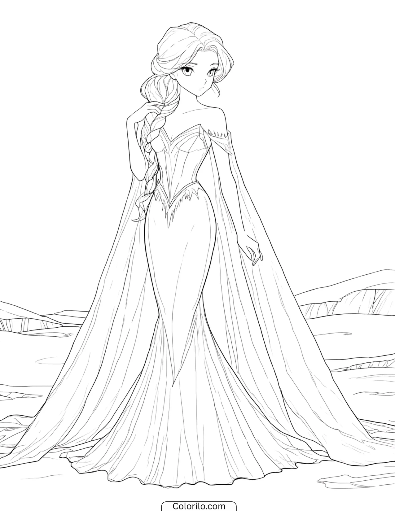Elsa in an elegant ice queen gown with flowing cape coloring page
