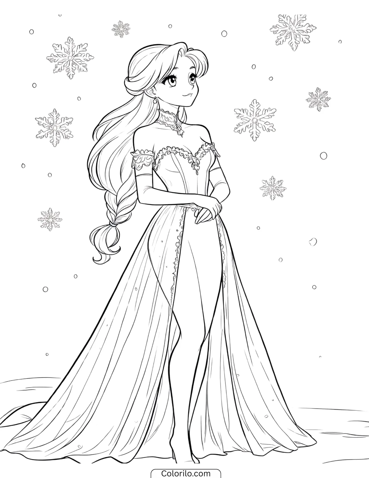Elsa standing gracefully among falling snowflakes coloring page