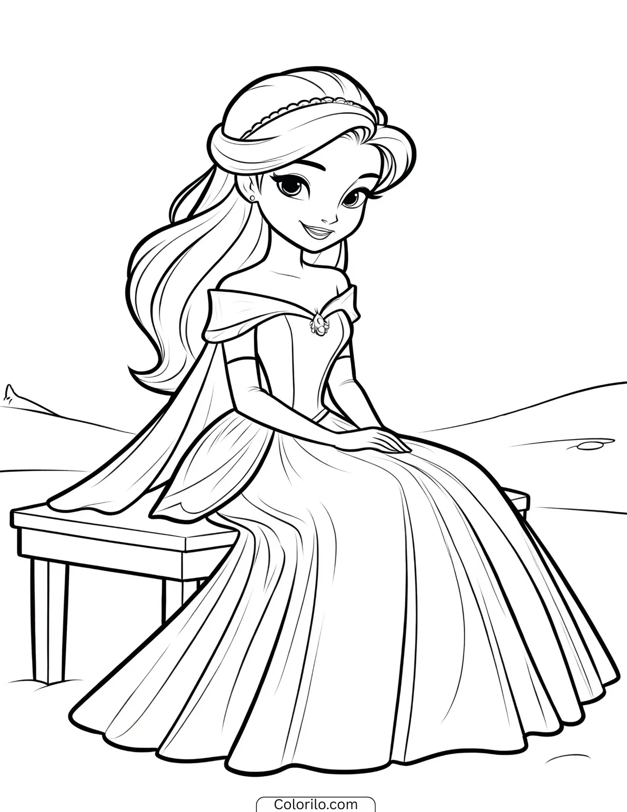 Elsa sitting gracefully on a bench in her gown coloring page