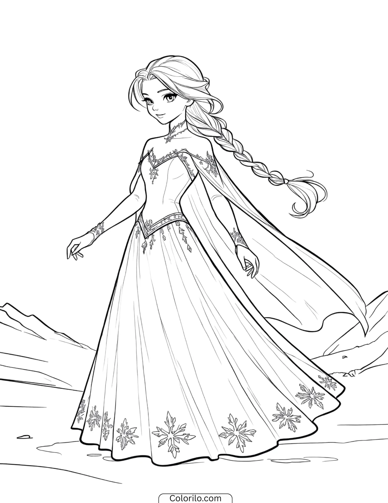 Elsa walking in a gown decorated with snowflakes coloring page