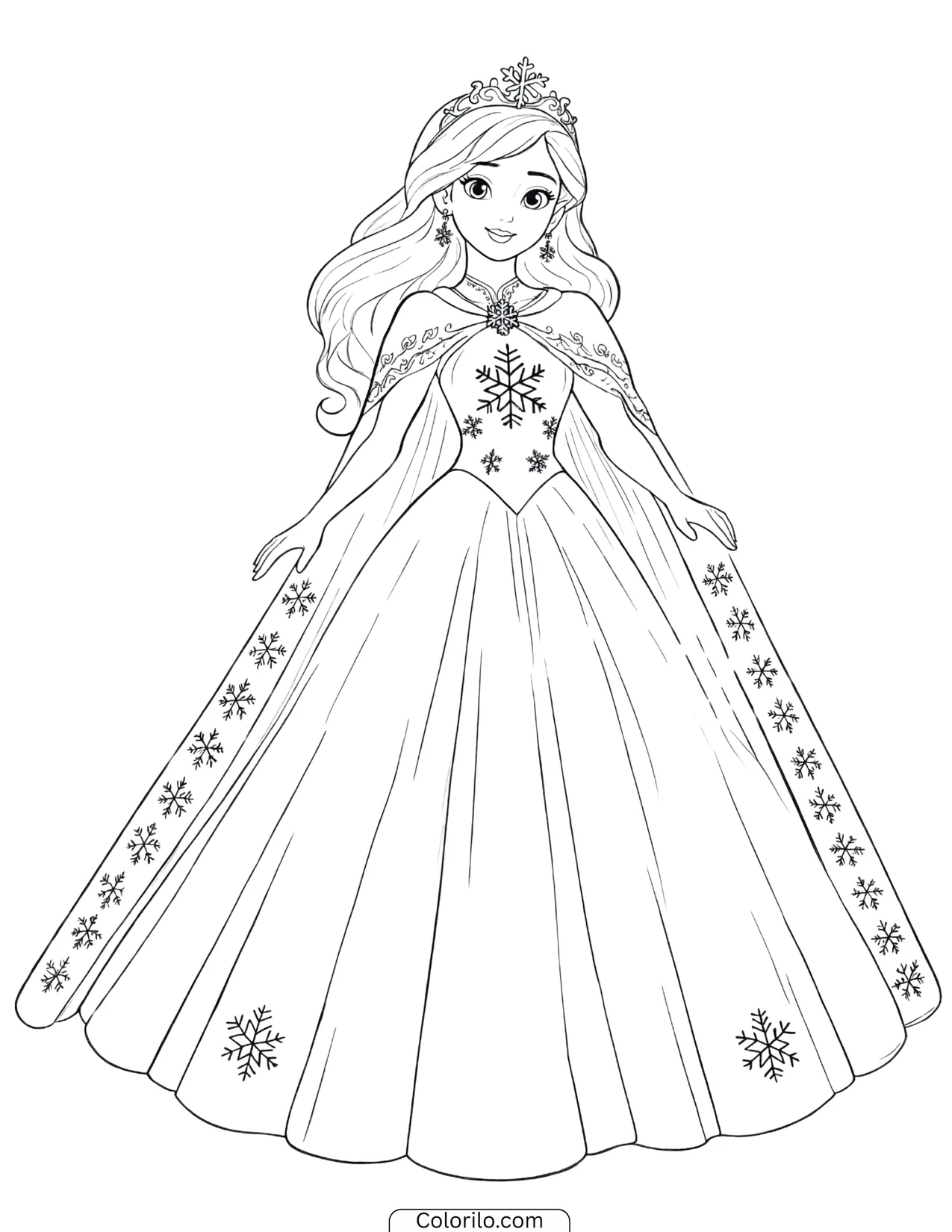 Elsa standing in an elegant snowflake-covered gown coloring page