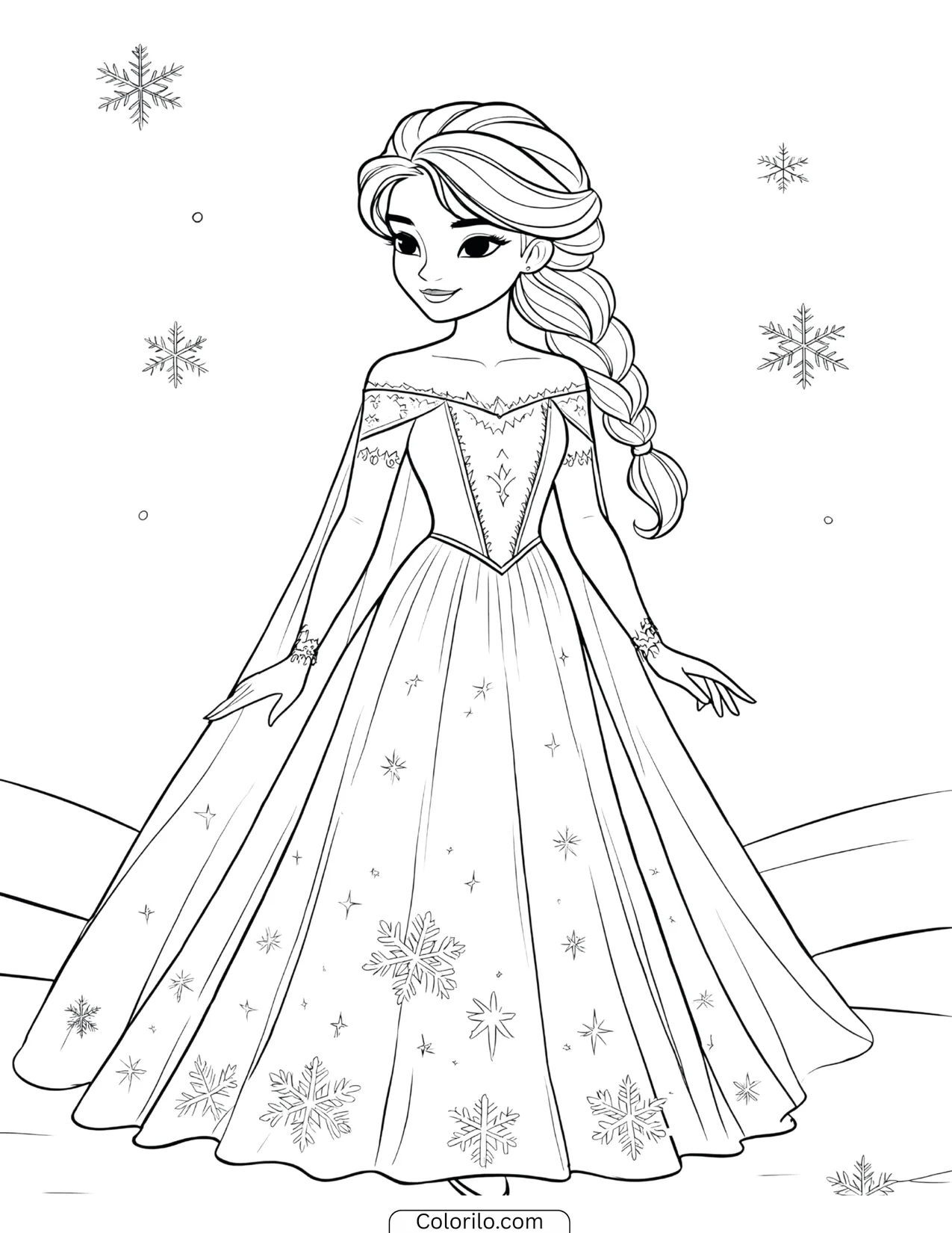 Elsa in a sparkling snowflake gown coloring page
