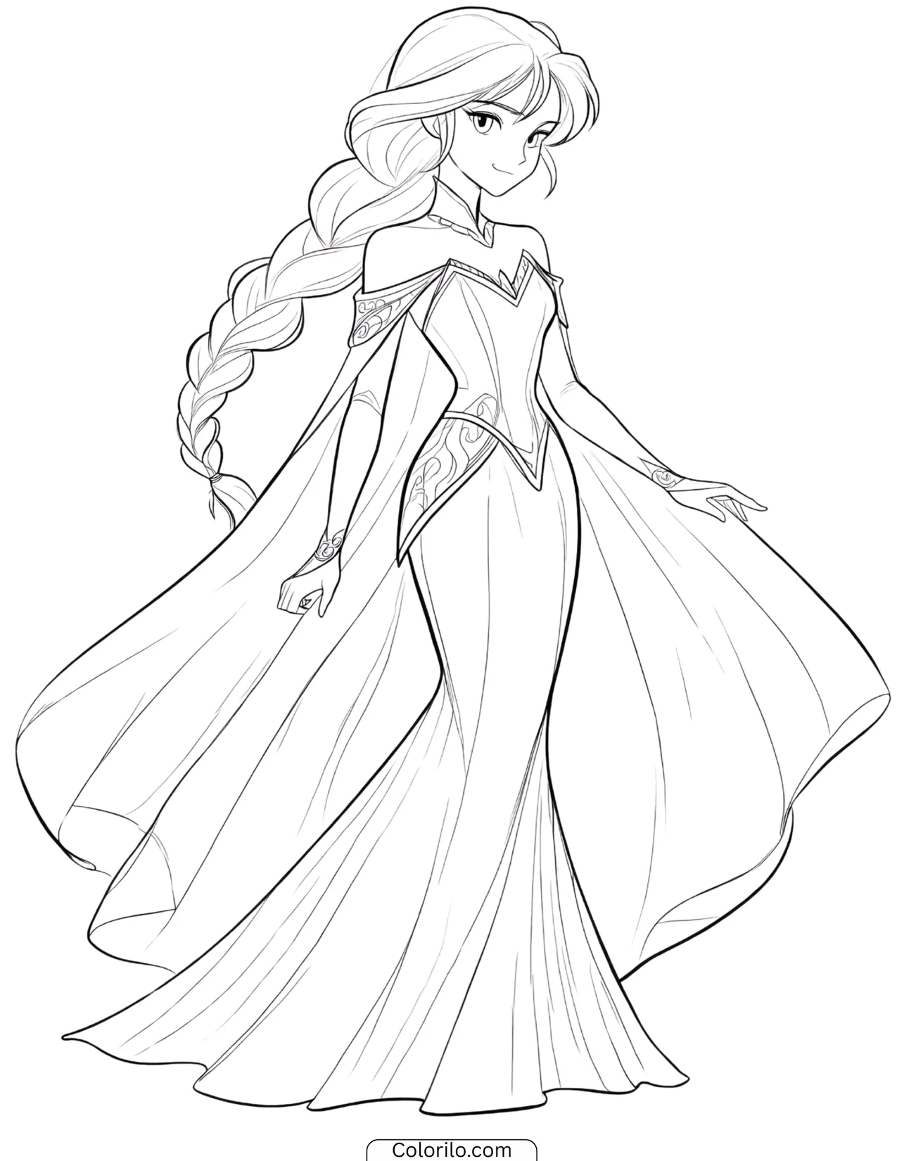 Elsa in a sparkling gown with a flowing cape coloring page