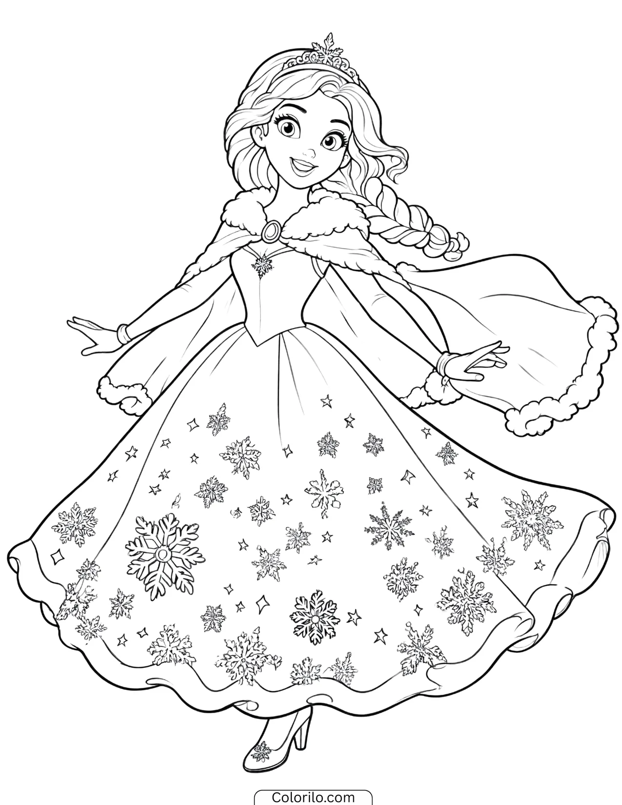 Elsa twirling in a tiara and fur-trimmed snowflake gown coloring page