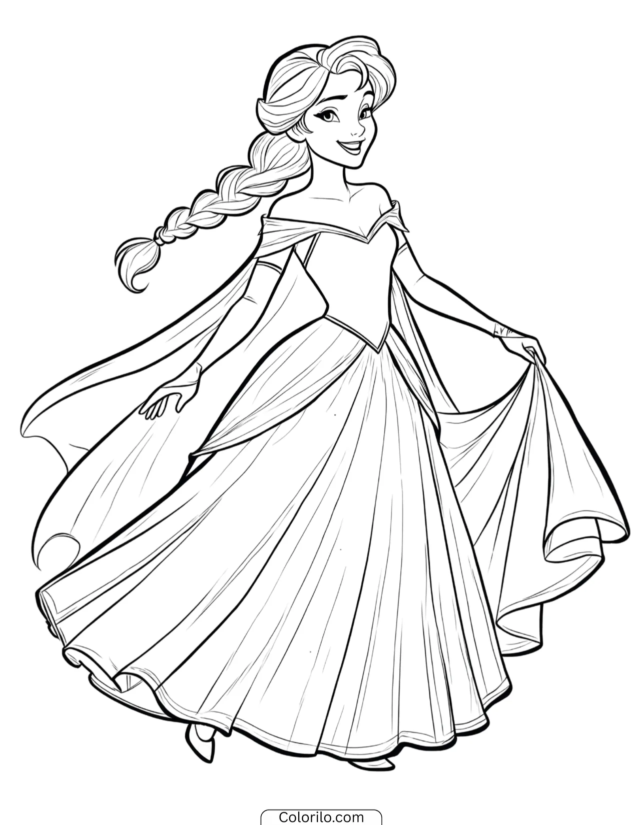 Elsa twirling gracefully in an off-shoulder gown coloring page
