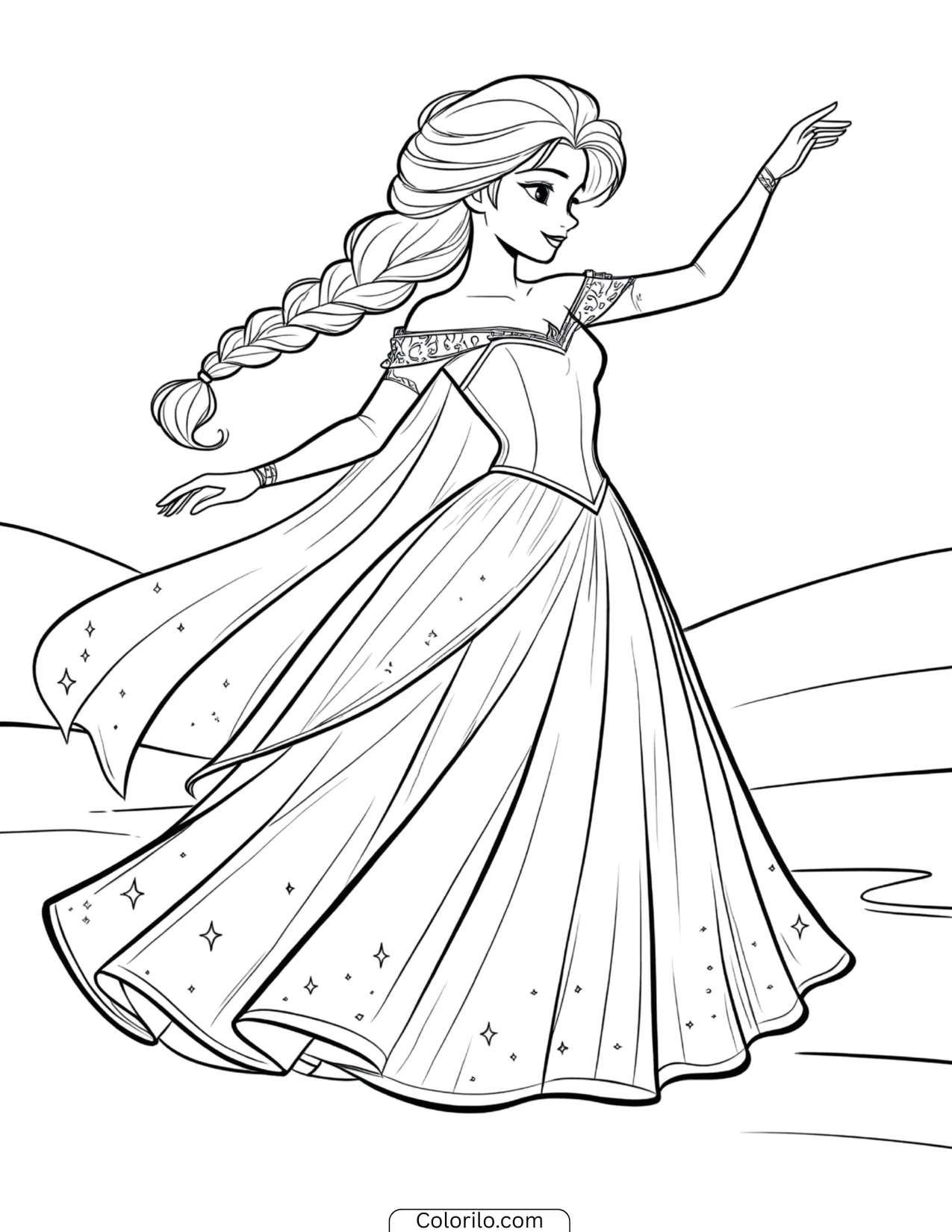 Elsa waving gracefully in a sparkling gown coloring page