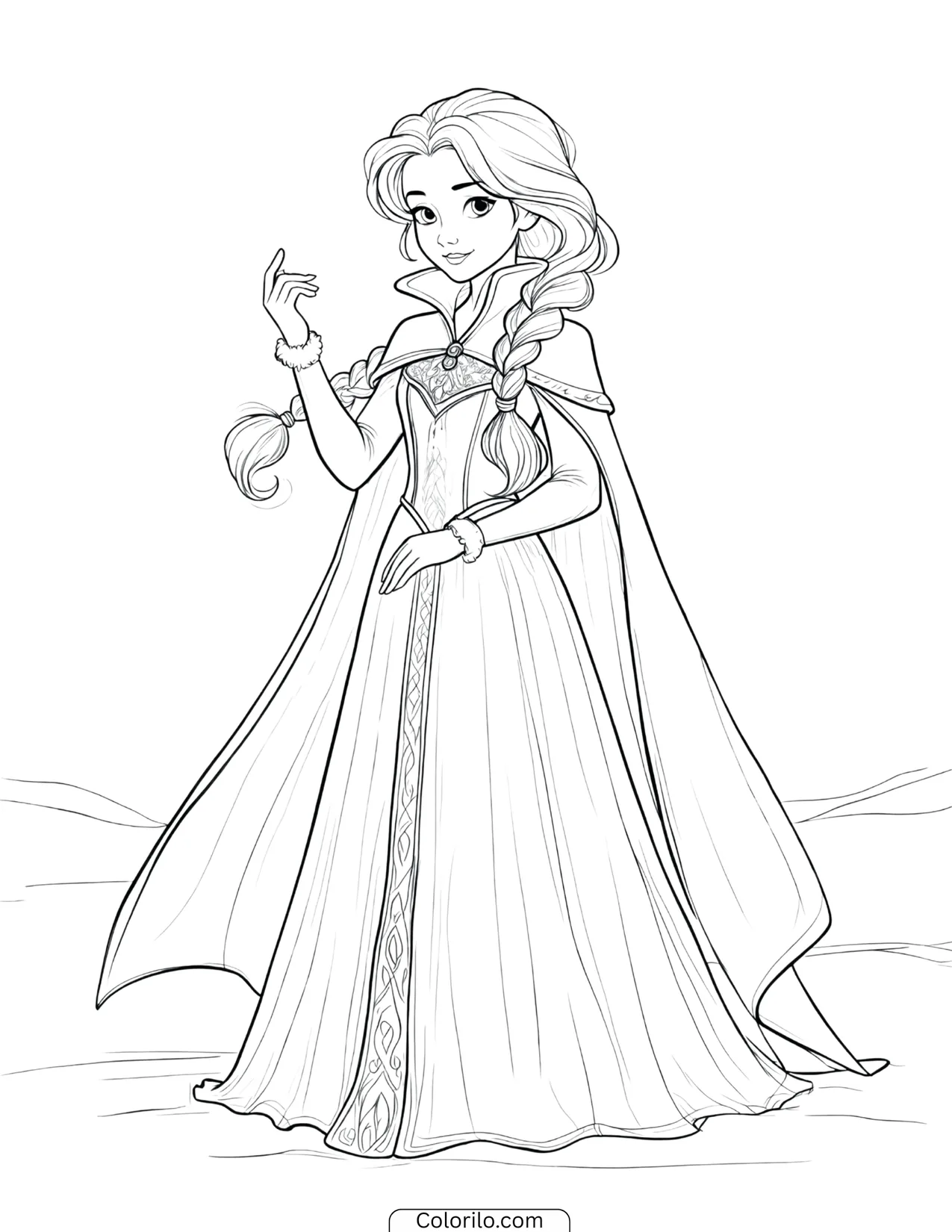 Elsa wearing a long winter cloak coloring page